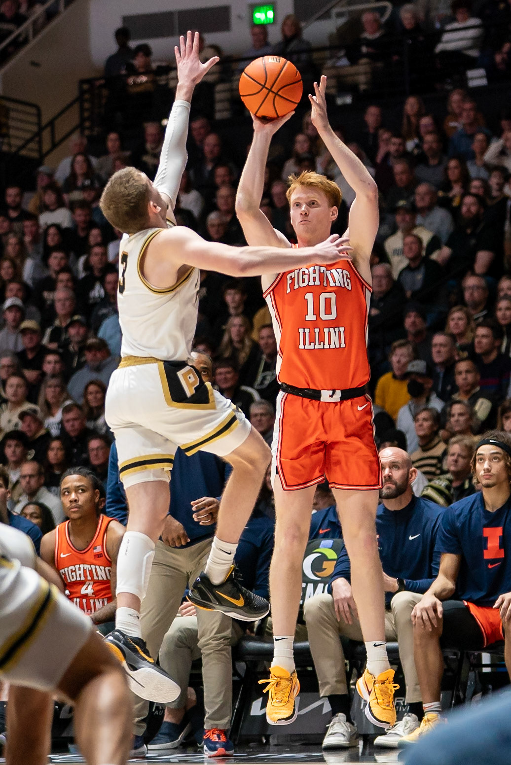 WEST LAFAYETTE, IN - JANUARY 5, 2024: Illinois Junior Guard/Forward Luke Goode (10) puts up a shot against Purdue Sophomore Guard Braden Smith (3) in Purdue Boilermaker's Basketball vs the Illinois Fighting Illini at Mackey Arena(Photo by Steve Bowen / Bowen Arrow Photography / Northern Indiana Sports Report)