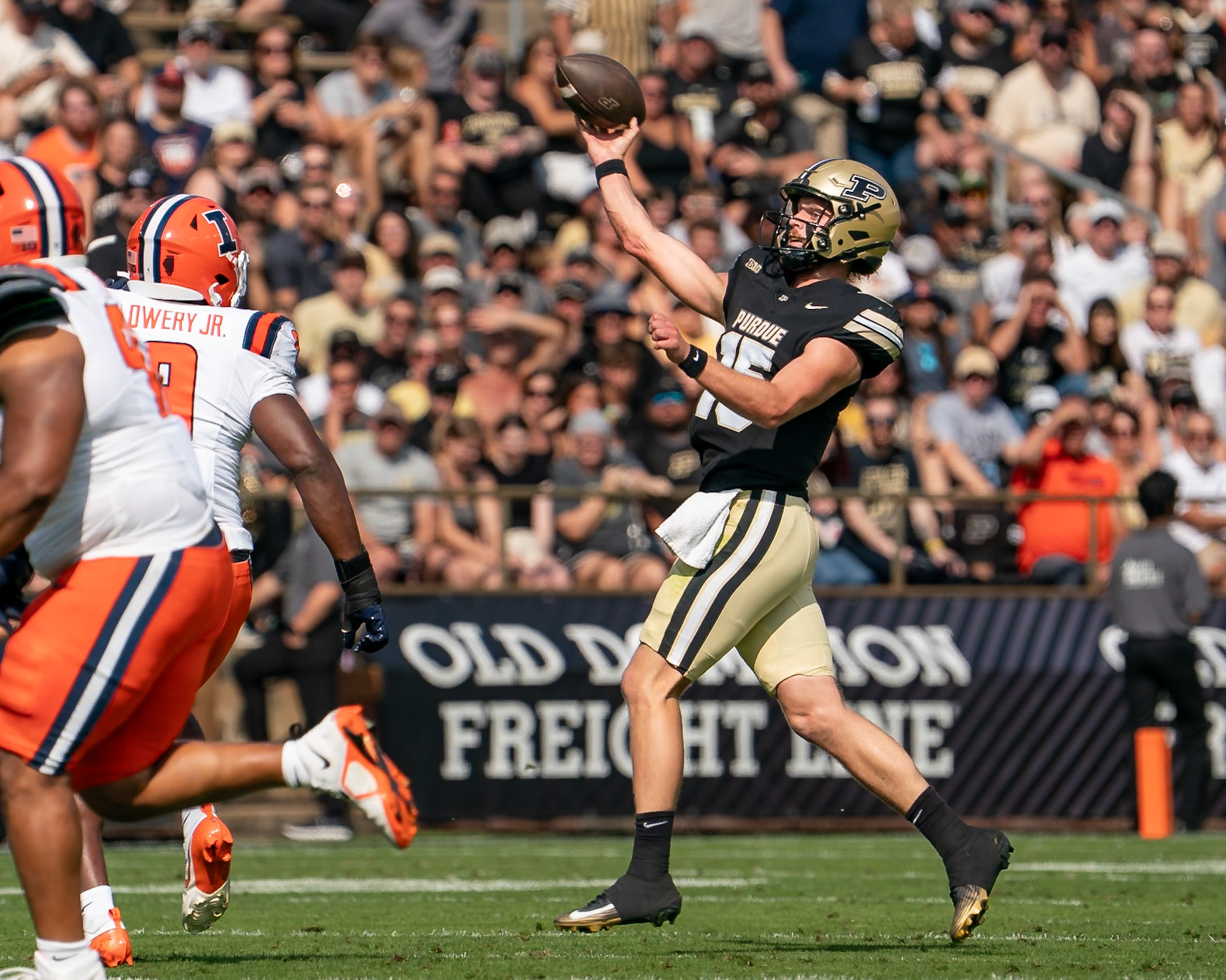 WEST LAFAYETTE, IN - OCTOBER 4, 2025: Purdue University Sophomore Quarterback Ryan Browne (15) throwing deep during the Purdue Boilermaker Football vs University of Illinois Fighting Illini at Ross-Ade Stadium(Photo by Steve Bowen / Northern Indiana Sports Report)