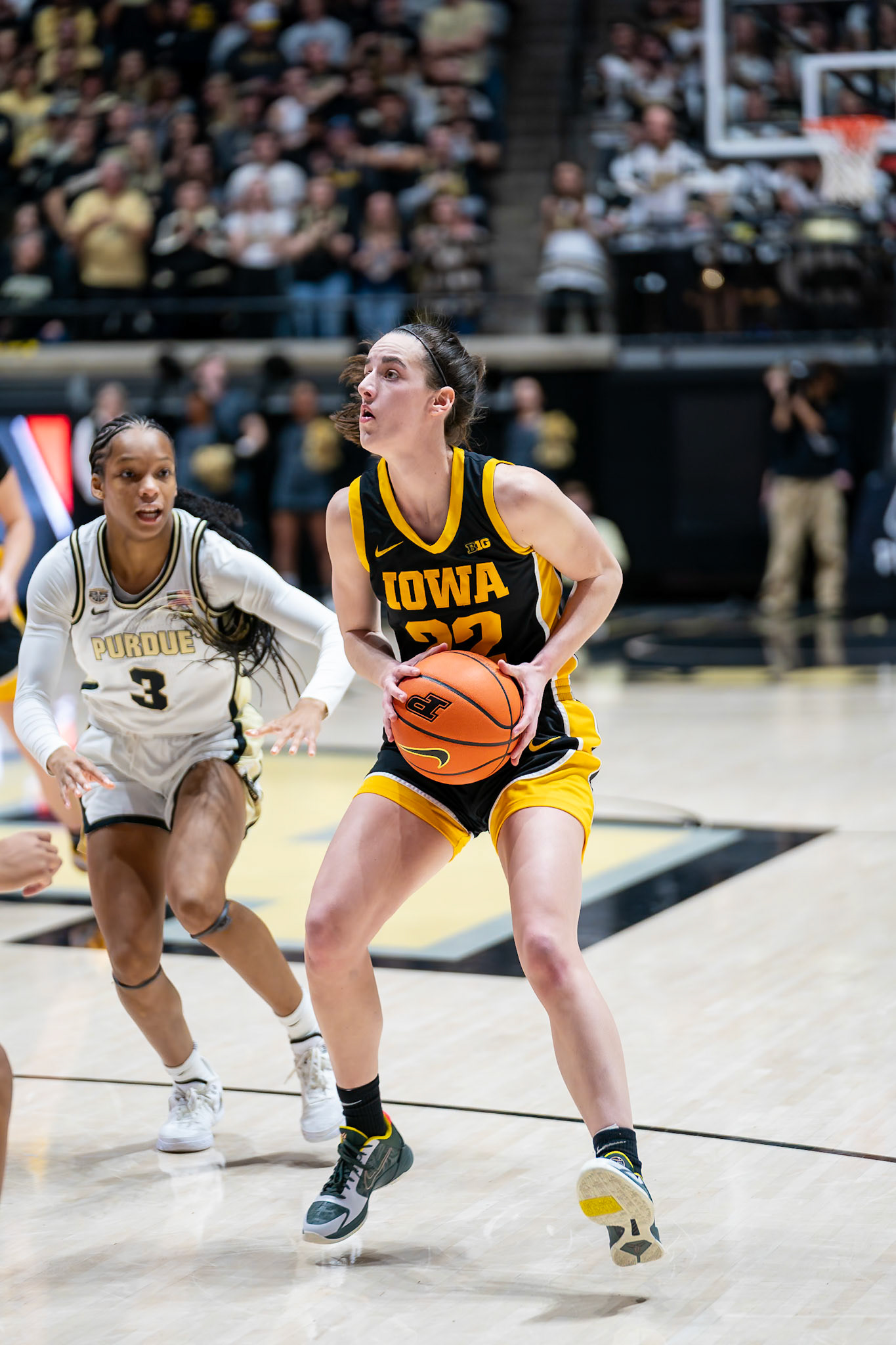 WEST LAFAYETTE, IN - JANUARY 10, 2024: Iowa Guard Senior Caitlin Clark (22) competing in Purdue Boilermaker Women's Basketball vs the Iowa Hawkeyes at Mackey Arena(Photo by Steve Bowen / Bowen Arrow Photography / Northern Indiana Sports Report)