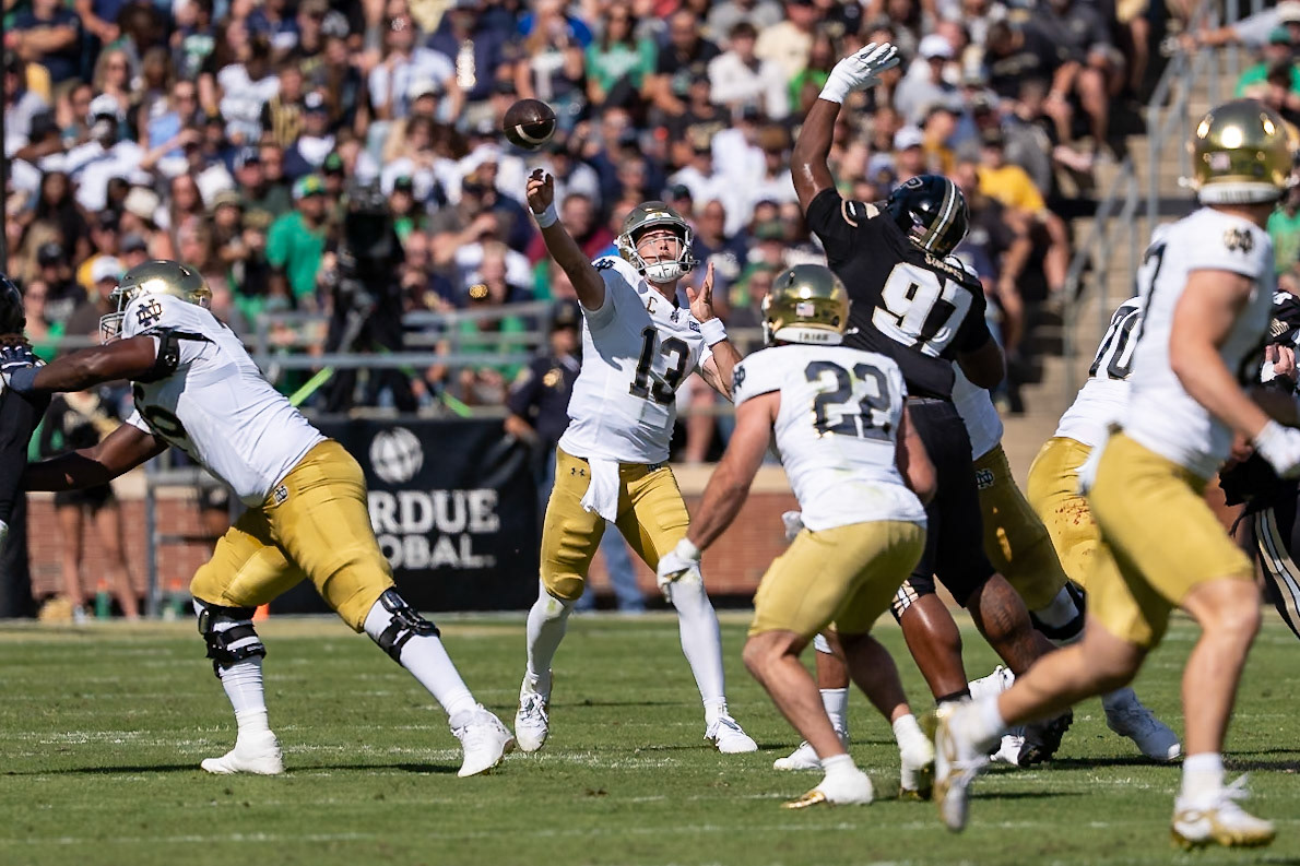 WEST LAFAYETTE, IN - SEPTEMBER 26, 2026: Notre Dame University Junior QB CJ Carr (13) during the Purdue Boilermakers vs Notre Dame Fighting Irish football game at Ross-Ade Stadium(Photo by Steve Bowen / Northern Indiana Sports Report)