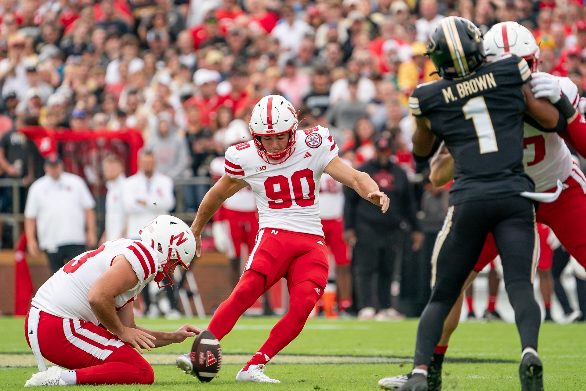 WEST LAFAYETTE, IN - SEPTEMBER 28, 2024: Nebraska University Redshirt Freshman Place Kicker John Hohl (90), Nebraska University Senior Punter Brian Buschini (13) during the Purdue University Boilermakers vs Nebraska University Cornhuskers Football game at Ross-Ade Stadium(Photo by Steve Bowen / Bowen Arrow Photography / Northern Indiana Sports Report)