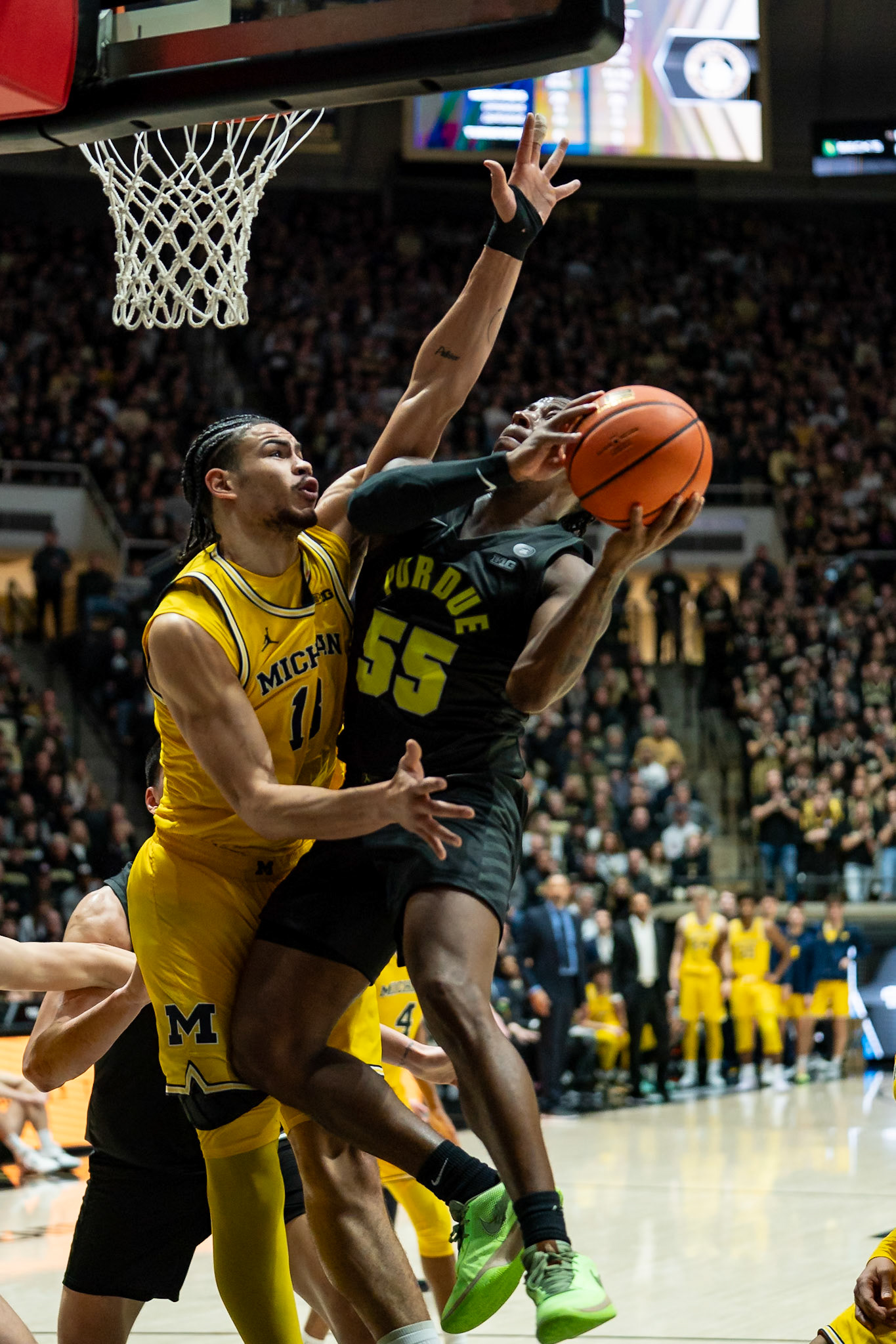 WEST LAFAYETTE, IN - JANUARY 23, 2024: Purdue 5th year Guard Lance Jones (55), Michigan Graduate Forward Olivier Nkamhoua (13) competing in Purdue versus Michigan Mens Basketball at Mackey Arena(Photo by Steve Bowen / Bowen Arrow Photography / Northern Indiana Sports Report)