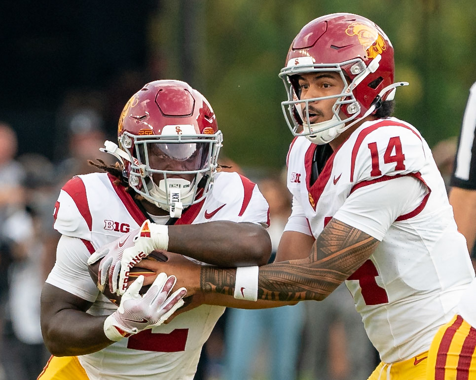WEST LAFAYETTE, IN - SEPTEMBER 13, 2025: USC Redshirt Junior QB Jayden Maiava (14), USC Junior RB Waymond Jordan (2) in Purdue Boilermaker Football vs University of Southern California Trojans at Ross-Ade Stadium(Photo by Steve Bowen / Northern Indiana Sports Report)