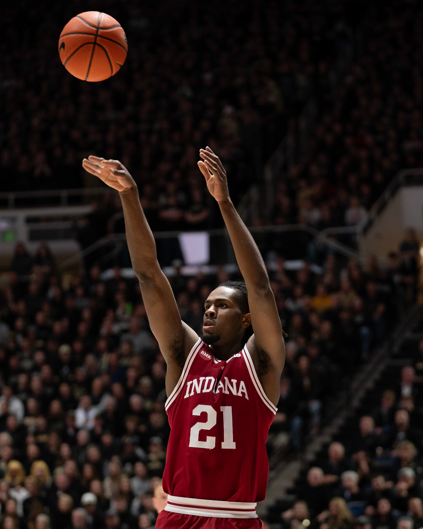 WEST LAFAYETTE, IN - FEBRUARY 10, 2024: Indiana Freshman Forward Mackenzie Mgbako (21) in Purdue Boilermaker vs Indiana Hoosiers Basketball at Mackey Arena(Photo by Steve Bowen / Bowen Arrow Photography / Northern Indiana Sports Report)