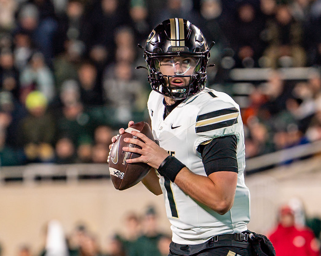 EAST LANSING, MI - NOVEMBER 22, 2024: Purdue University Senior Quaterback Hudson Card (1) looking down the field during the Purdue University Boilermakers at Michigan State University Spartans Football game at Spartan Stadium(Photo by Steve Bowen / Bowen Arrow Photography / Northern Indiana Sports Report)