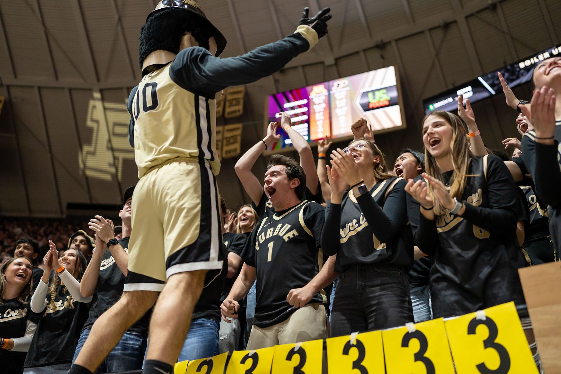 WEST LAFAYETTE, IN - FEBRUARY 15, 2024: Purdue Mascot Purdue Pete, Purdue Paint Crew in Purdue Boilermakers Men's Basketball vs the Minnesota Golden Gophers at Mackey Arena(Photo by Steve Bowen / Bowen Arrow Photography / Northern Indiana Sports Report)