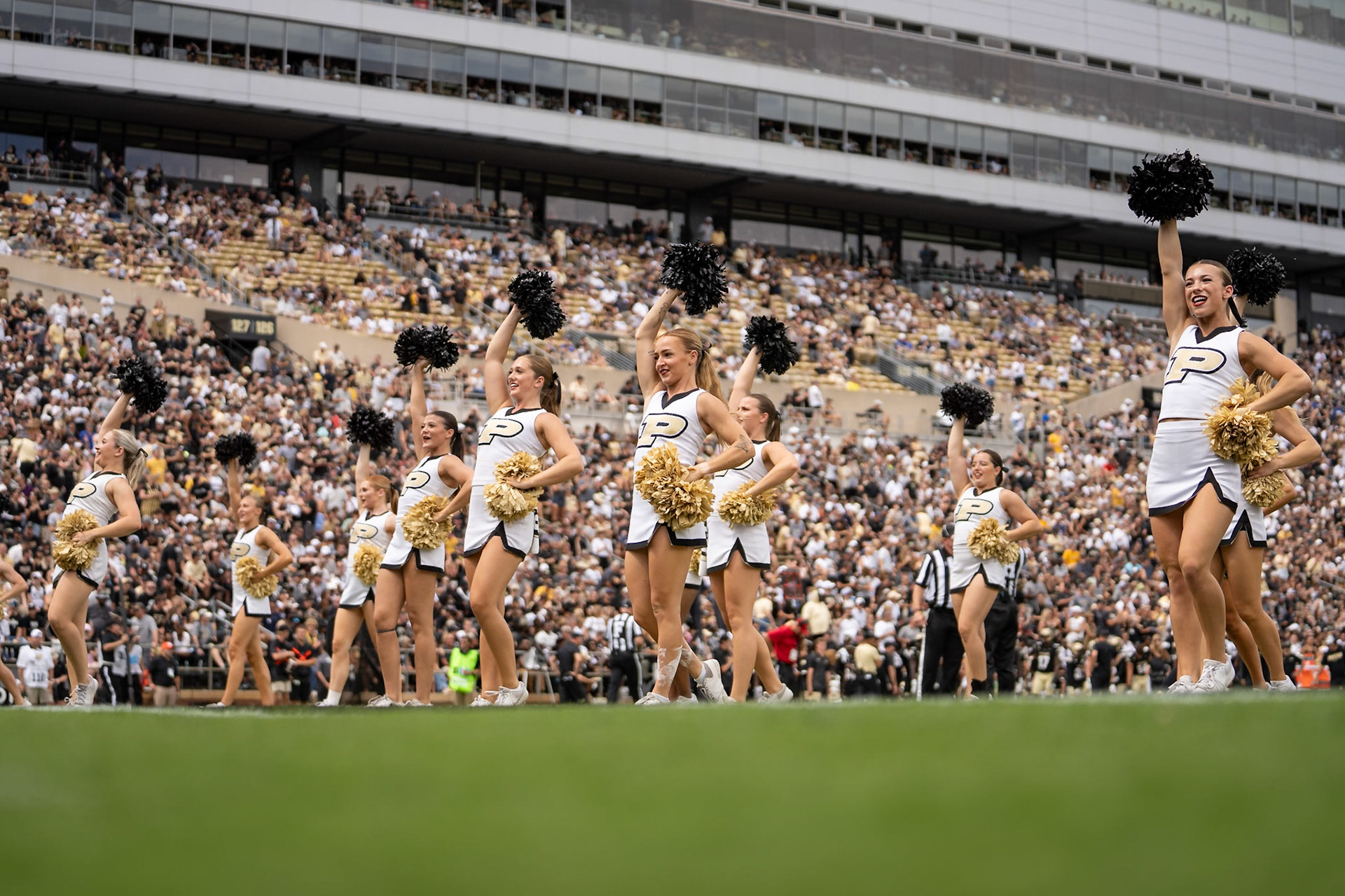 WEST LAFAYETTE, IN - AUGUST 31, 2024: Purdue Spririt Squad Cheerleaders pump the crowd up at the Purdue Boilermaker vs Indiana State Sycamores football game at Ross-Ade Stadium(Photo by Steve Bowen / Bowen Arrow Photography / Northern Indiana Sports Report)