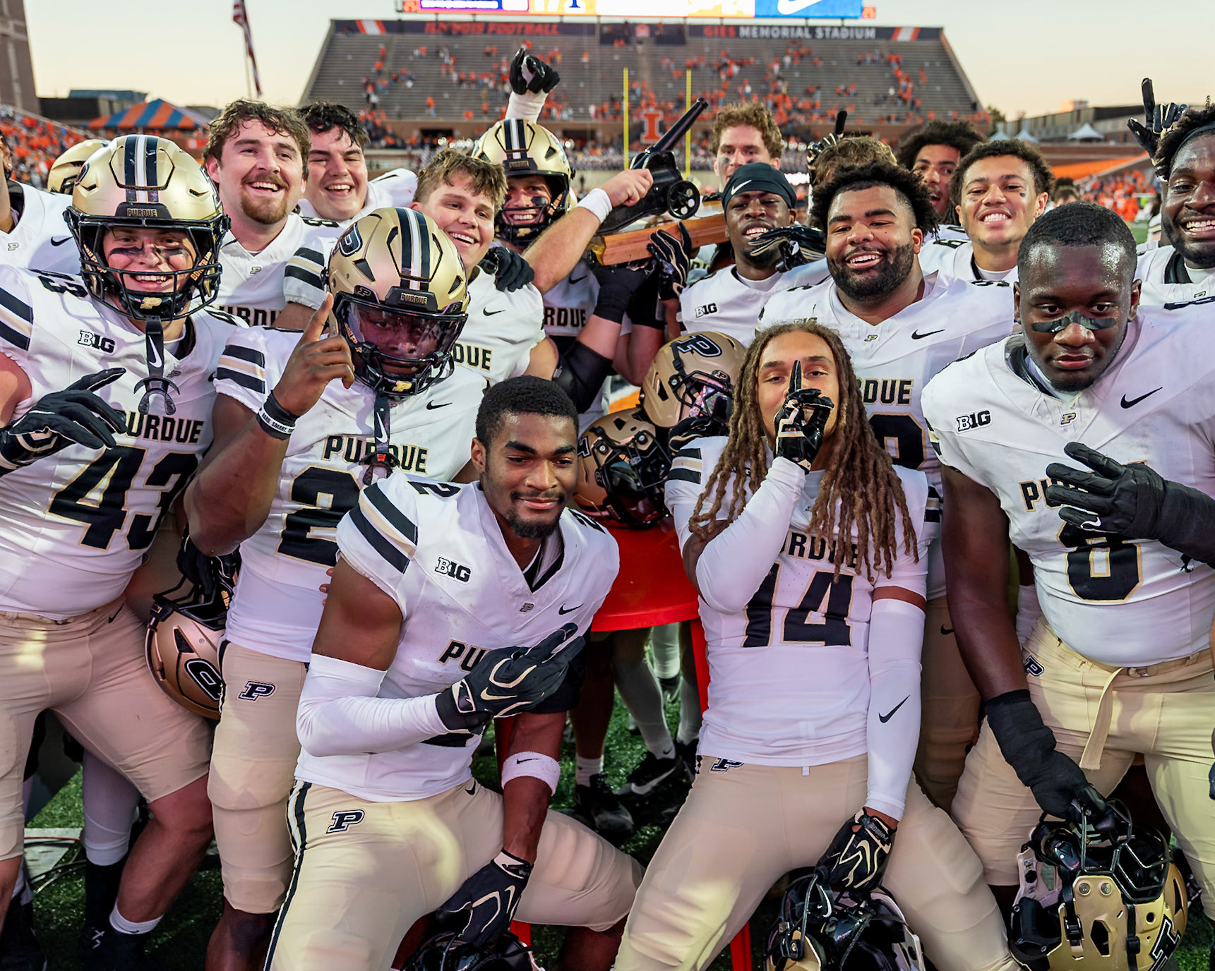 CHAMPAIGN, IL - OCTOBER 3, 2026: Purdue University Freshman Tight End Jackson Berryman (43), =po15-, Purdue University Senior Defensive Back Jaden Mangham (2), Purdue University Freshman Defensive Back Emoni Smith (14), Purdue University Junior Defensive End C.J. Madden (8), Purdue University Junior Defensive Lineman Curt Neal (92) during the Purdue Boilermakers at Illinois Fighting Illini football game at Gies Memorial Stadium(Photo by Steve Bowen / Northern Indiana Sports Report)