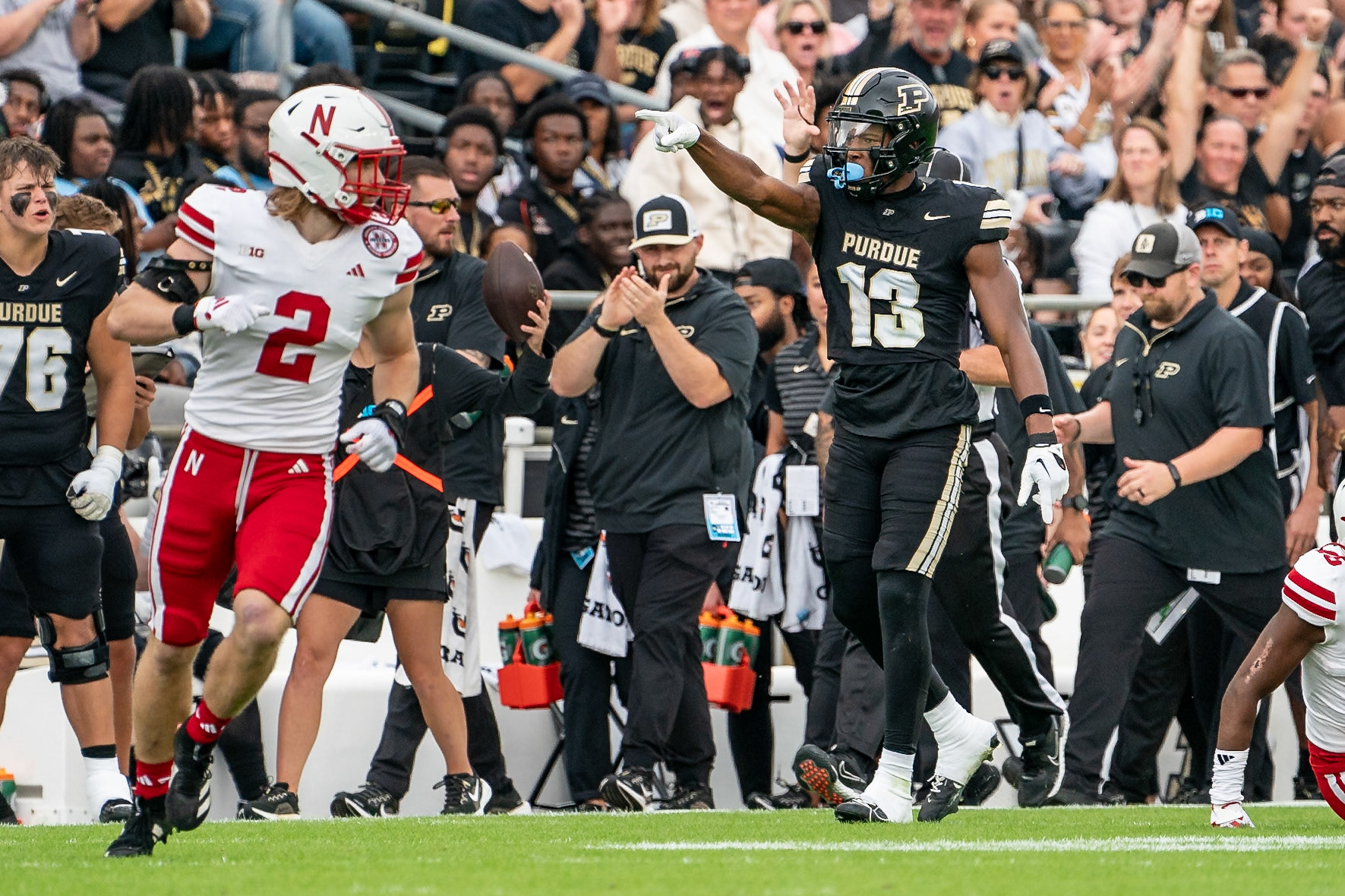 WEST LAFAYETTE, IN - SEPTEMBER 28, 2024: Purdue University Sophomore Wide Receiver Jaron Tibbs (13) during the Purdue University Boilermakers vs Nebraska University Cornhuskers Football game at Ross-Ade Stadium(Photo by Steve Bowen / Bowen Arrow Photography / Northern Indiana Sports Report)