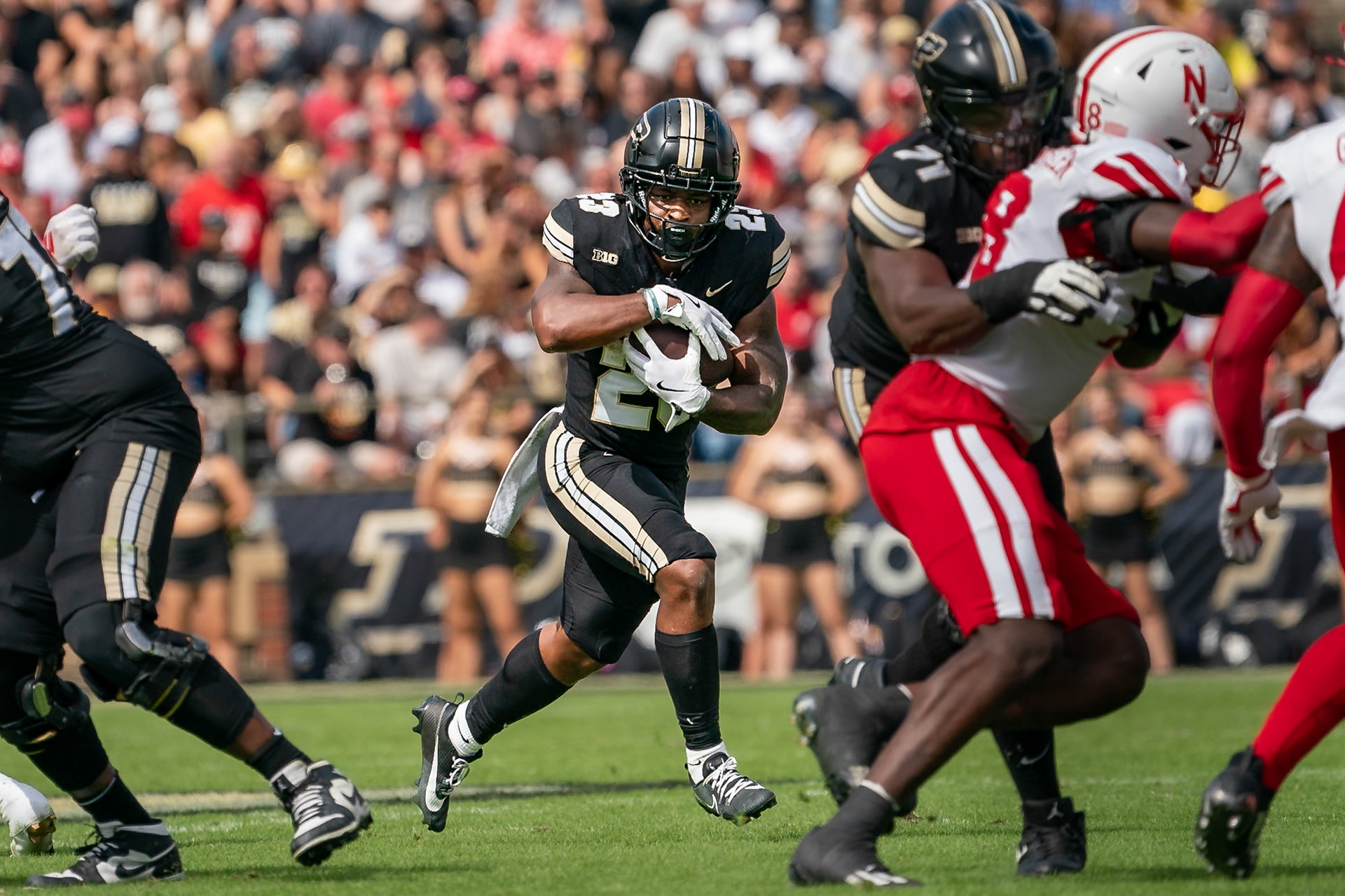 WEST LAFAYETTE, IN - SEPTEMBER 28, 2024: Purdue University Senior Running Back Reggie Love III (23) during the Purdue University Boilermakers vs Nebraska University Cornhuskers Football game at Ross-Ade Stadium(Photo by Steve Bowen / Bowen Arrow Photography / Northern Indiana Sports Report)