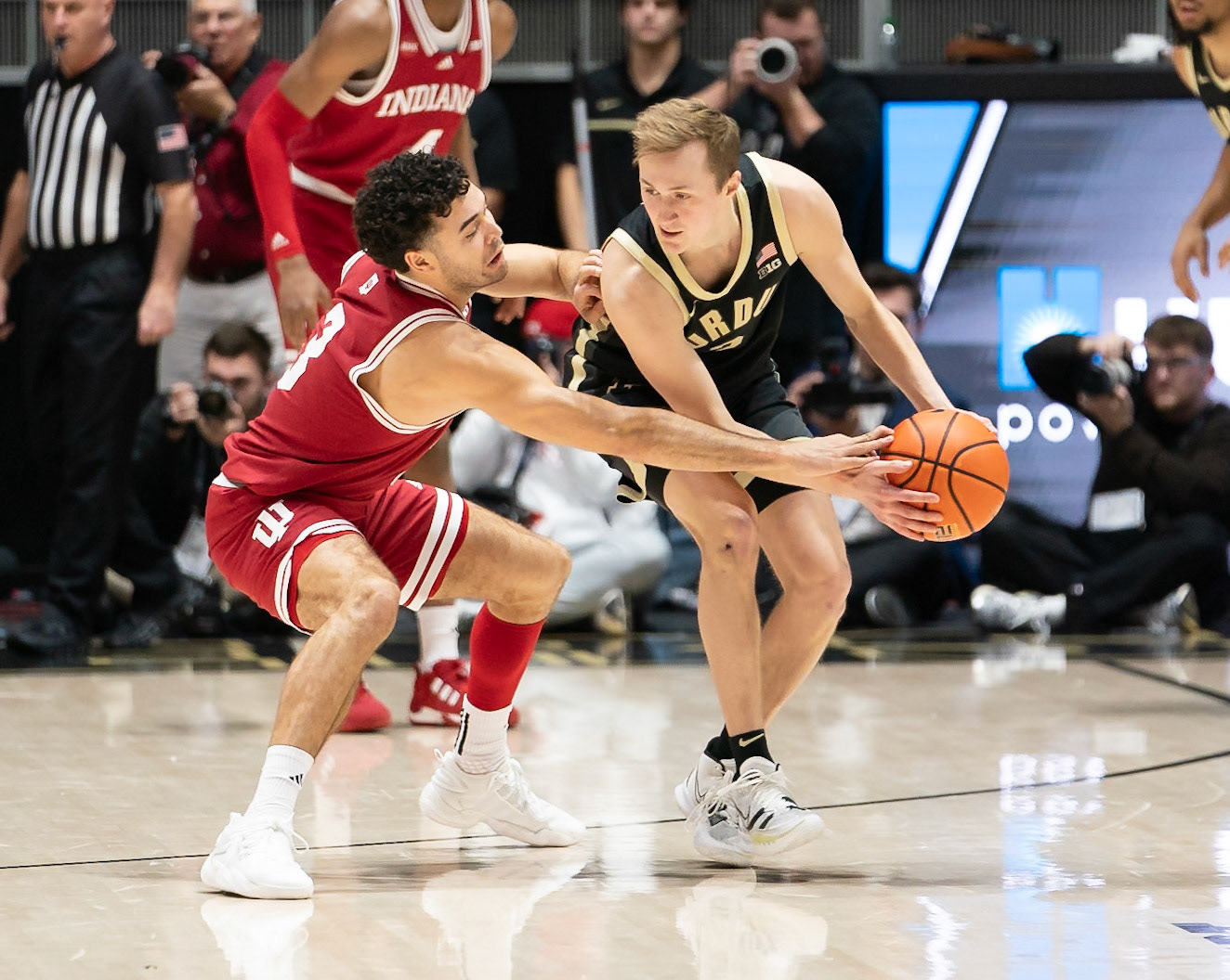 WEST LAFAYETTE, IN - FEBRUARY 10, 2024: Purdue Sophomore Guard Fletcher Loyer (2), Indiana Senior Guard Anthony Leal (3) in Purdue Boilermaker vs Indiana Hoosiers Basketball at Mackey Arena(Photo by Steve Bowen / Bowen Arrow Photography / Northern Indiana Sports Report)