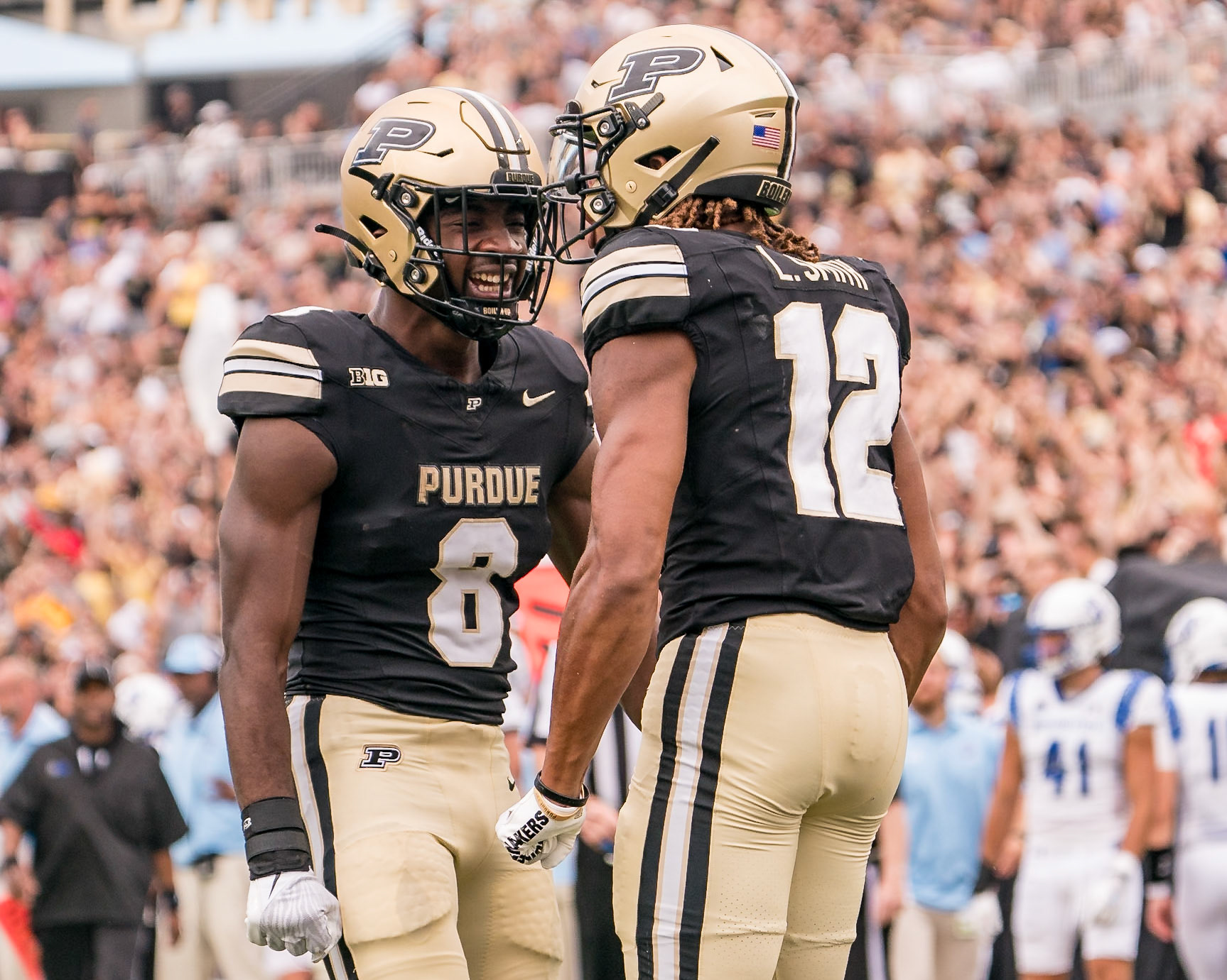 WEST LAFAYETTE, IN - AUGUST 31, 2024: Purdue So. WR Leland Smith (12), Purdue So. WR De'Nylon Morrissette (8) in Purdue Boilermaker Football vs Indiana State Sycamores at Ross-Ade Stadium(Photo by Steve Bowen / Bowen Arrow Photography / Northern Indiana Sports Report)