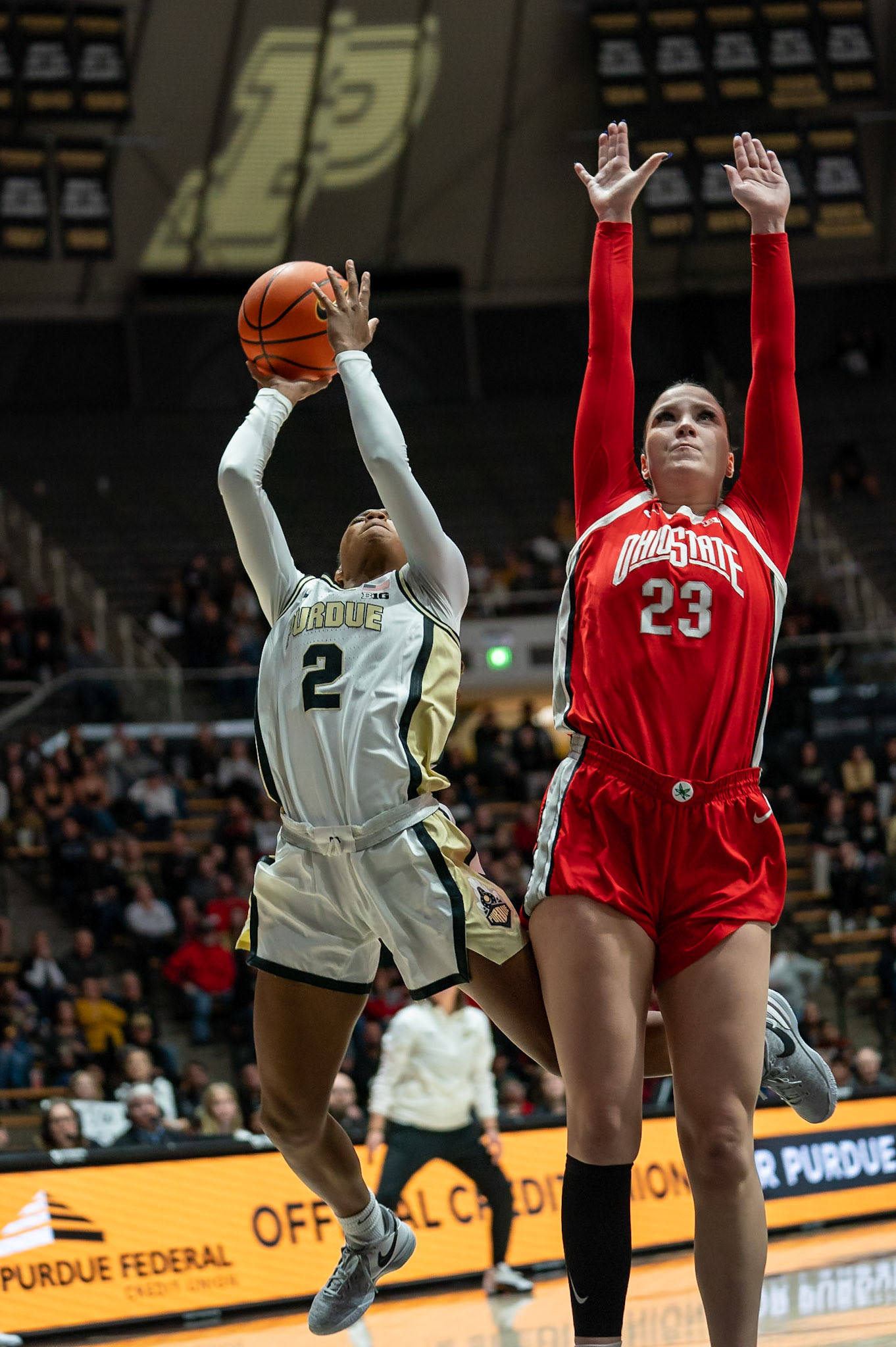WEST LAFAYETTE, IN - JANUARY 28, 2024: Purdue Freshman Guard Rashunda Jones (2), Ohio State Forward Graduate Rebeka Mikulášiková (23) competing in Purdue Boilermaker Women's Basketball versus the Ohio State Buckeyes at Mackey Arena(Photo by Steve Bowen / Bowen Arrow Photography / Northern Indiana Sports Report)