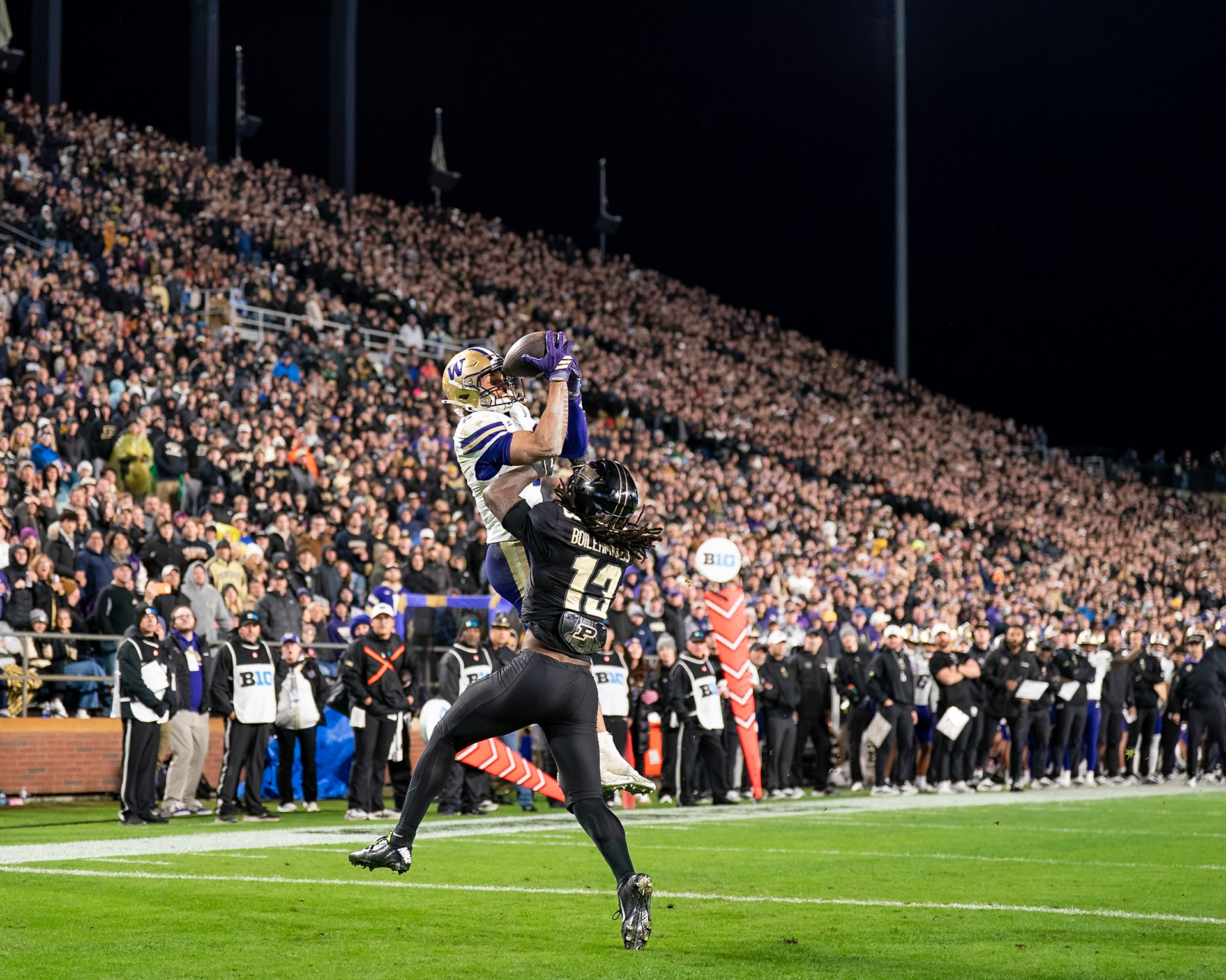 WEST LAFAYETTE, IN - OCTOBER 16, 2026: University of Washington WR Dezmen Roebuck (2), Purdue University Junior Defensive Back John Slaughter (13) during the Purdue Boilermakers vs Washington Huskies football game at Ross-Ade Stadium(Photo by Steve Bowen / Northern Indiana Sports Report)