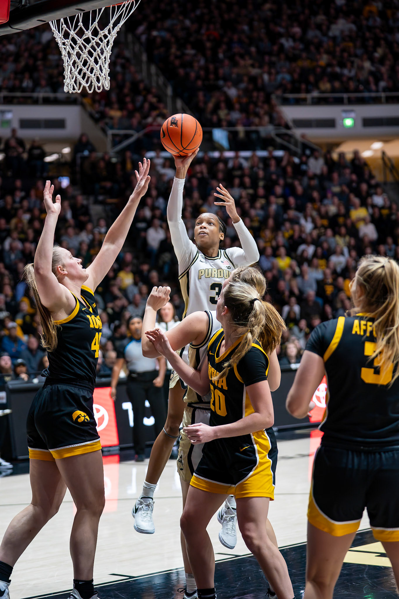 WEST LAFAYETTE, IN - JANUARY 10, 2024: Purdue Junior Guard Jayla Smith (3) competing in Purdue Boilermaker Women's Basketball vs the Iowa Hawkeyes at Mackey Arena(Photo by Steve Bowen / Bowen Arrow Photography / Northern Indiana Sports Report)