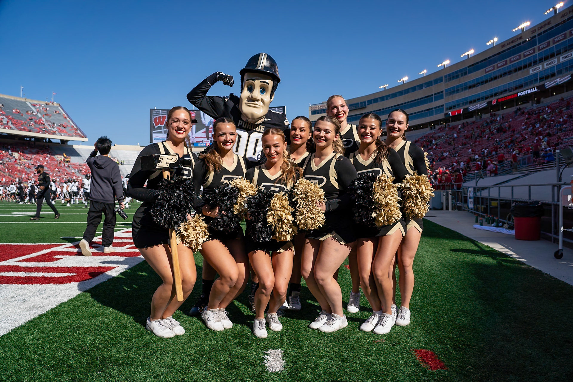 MADISON, WI - OCTOBER 5, 2024: University of Wisconsin Cheerleading Spirit Squad during the Purdue University Boilermakers at University of Wisconsin Badger Football game at Camp Randall Stadium(Photo by Steve Bowen / NISports Report)
