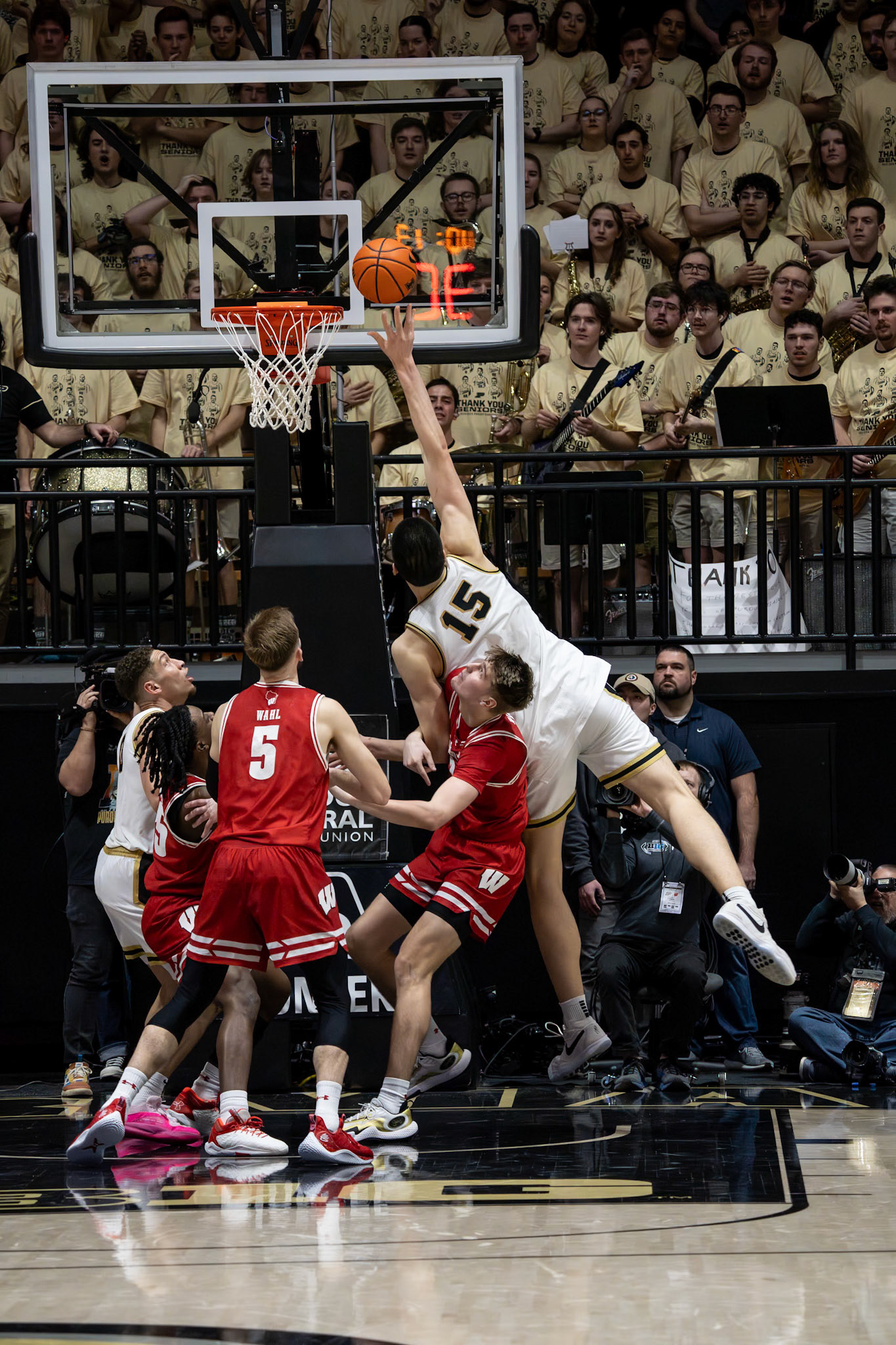 WEST LAFAYETTE, IN - MARCH 10, 2024: Purdue Senior Center Zach Edey (15), Wisconsin Freshman Forward Nolan Winter (31), Wisconsin Graduate Forward Tyler Wahl (5) competing in Purdue University Boilermaker Basketball vs University of Wisconsin Badgers at Mackey Arena(Photo by Steve Bowen / Bowen Arrow Photography / Northern Indiana Sports Report)