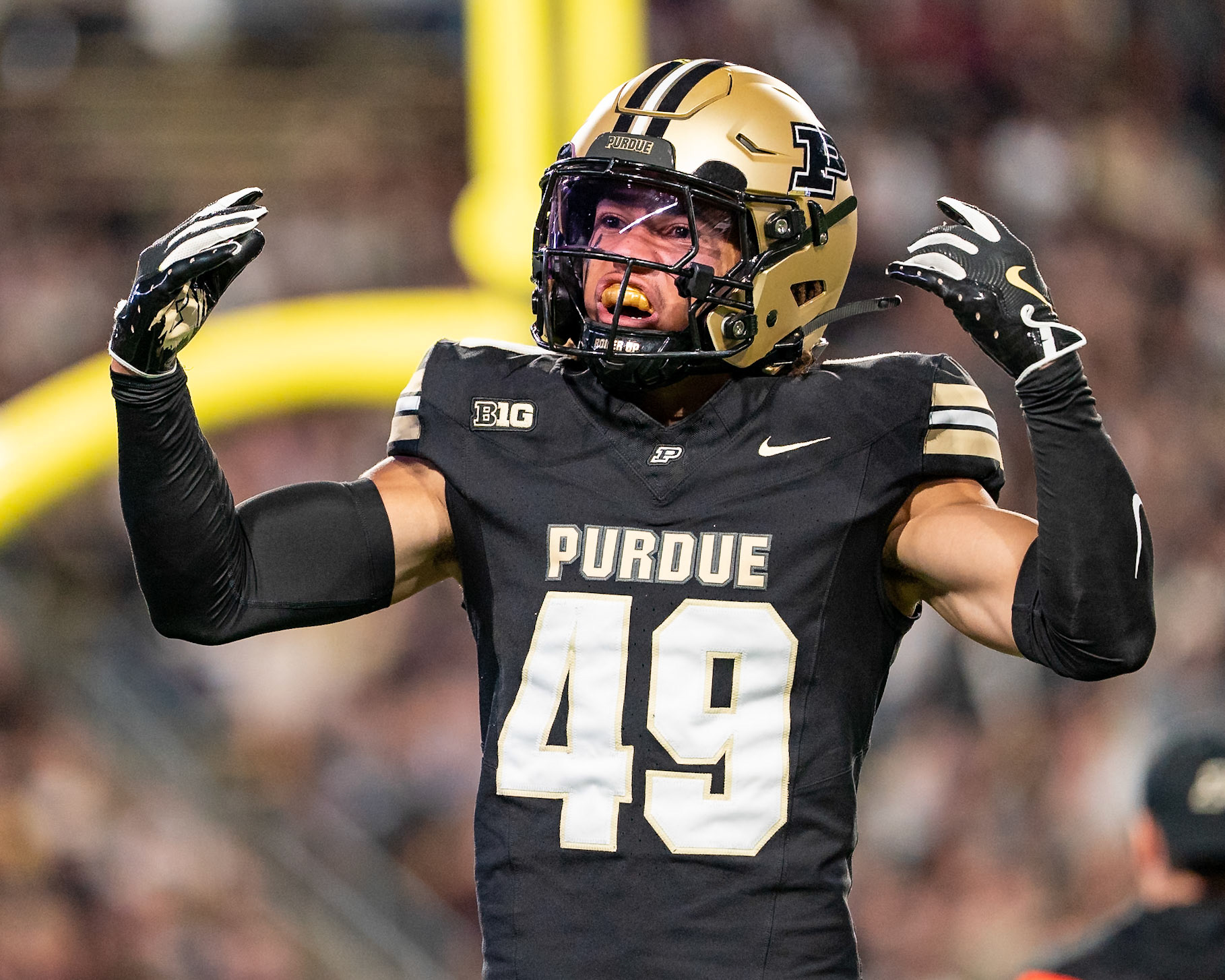 WEST LAFAYETTE, IN - SEPTEMBER 6, 2025: Purdue University Redshirt Freshman Defensive Back Isaiah Needam (49) pummps up the crowd after a kickoff at Purdue Boilermaker Football vs Southern Illinois Saluki Football at Ross-Ade Stadium(Photo by Steve Bowen / Northern Indiana Sports Report)