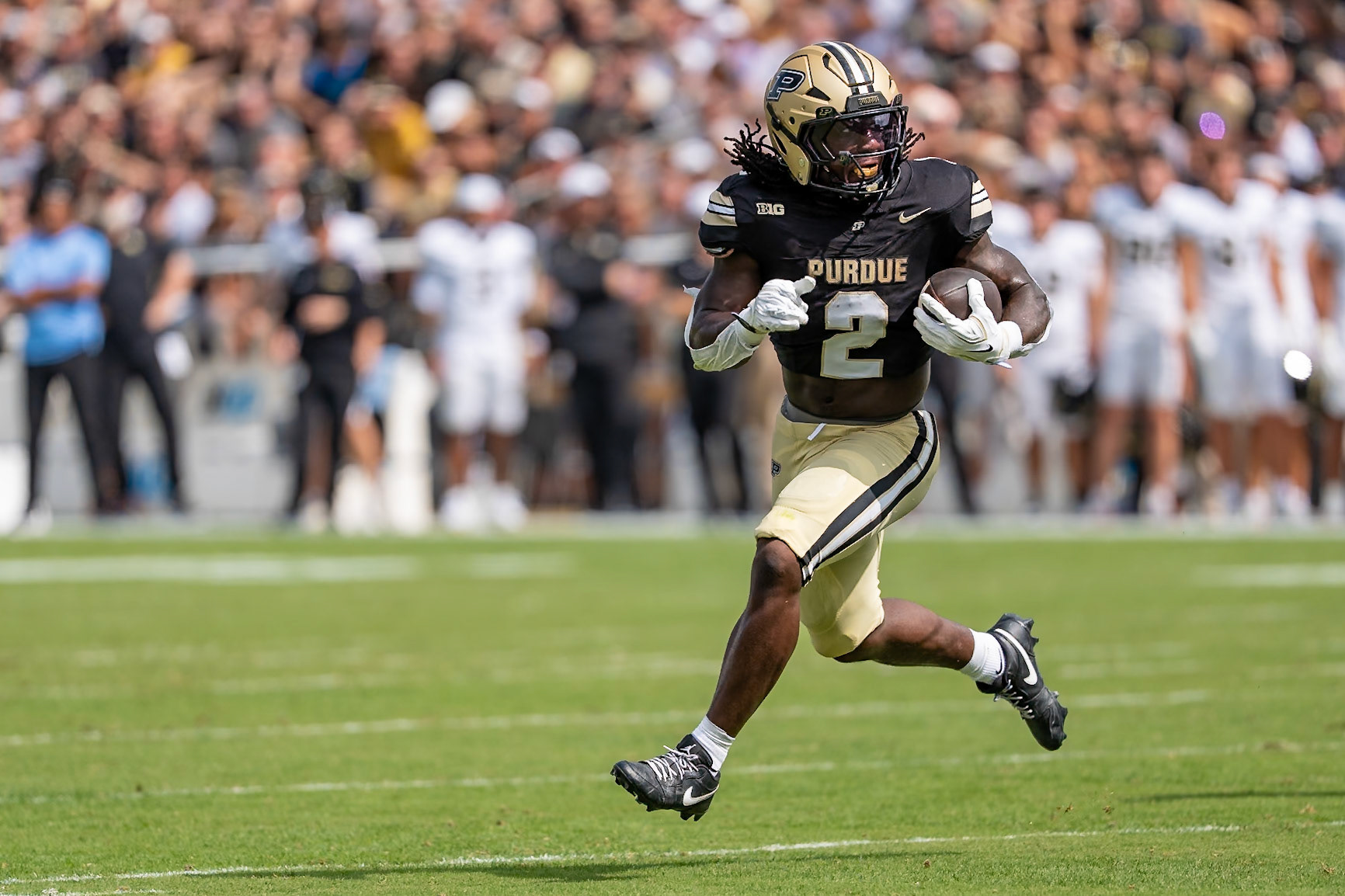 WEST LAFAYETTE, IN - SEPTEMBER 12, 2026: Purdue University Sophomore Running Back Fame Ijeboi (2) running free towards the end zone in the 1st quarter of the Purdue Boilermakers football game vs the Wake Forest Demon Deacons at Ross-Ade Stadium(Photo by Steve Bowen / Northern Indiana Sports Report)