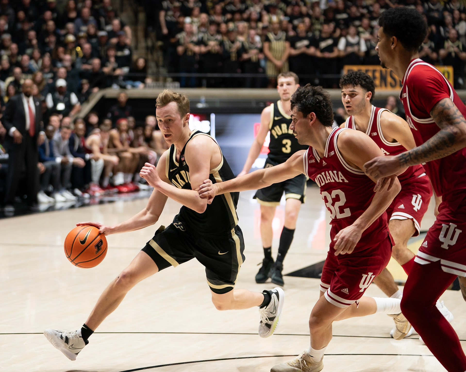 WEST LAFAYETTE, IN - FEBRUARY 10, 2024: Purdue Sophomore Guard Fletcher Loyer (2), Indiana Senior Guard Trey Galloway (32) in Purdue Boilermaker vs Indiana Hoosiers Basketball at Mackey Arena(Photo by Steve Bowen / Bowen Arrow Photography / Northern Indiana Sports Report)