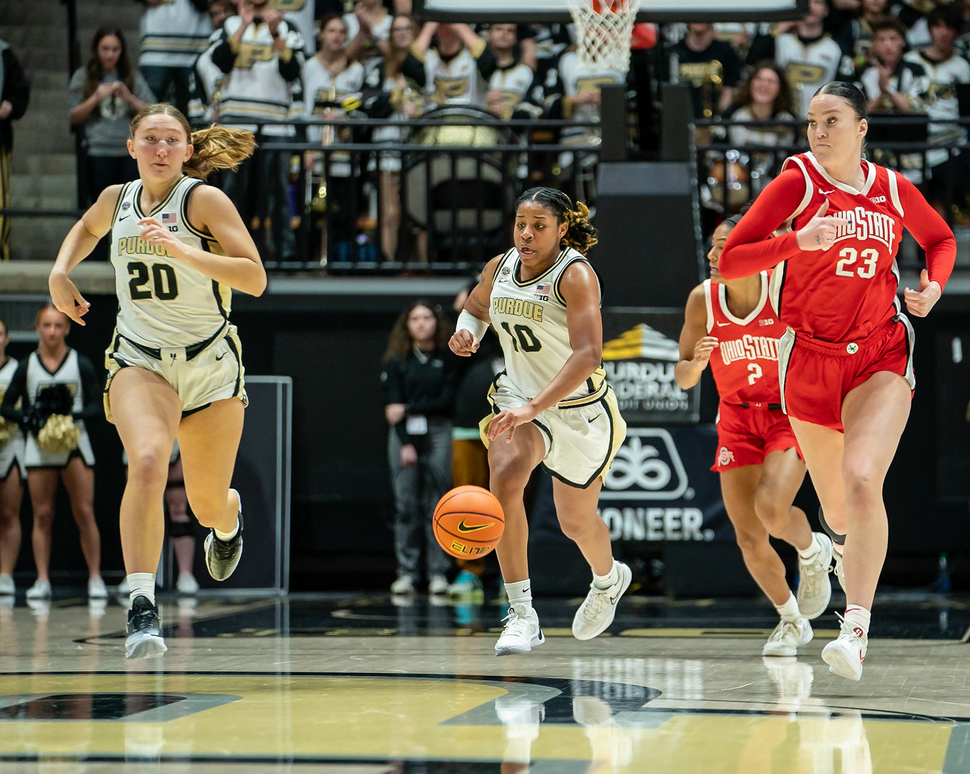 WEST LAFAYETTE, IN - JANUARY 28, 2024: Purdue 5th Year Guard Jeanae Terry (10), Purdue Freshman Forward Mary Ashley Stevenson (20) competing in Purdue Boilermaker Women's Basketball versus the Ohio State Buckeyes at Mackey Arena(Photo by Steve Bowen / Bowen Arrow Photography / Northern Indiana Sports Report)