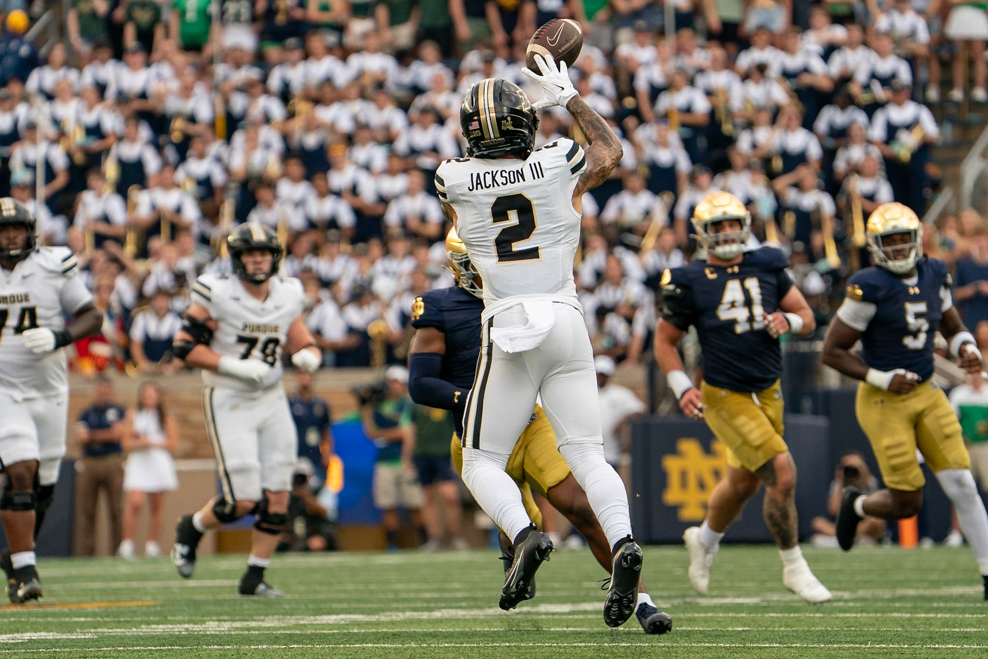 SOUTH BEND, IN - SEPTEMBER 20, 2025: Purdue University Senior Wide Receiver Michael Jackson III (2) catches a pass during the Purdue Boilermakers at Notre Dame Fighting Irish Football at Notre Dame Stadium(Photo by Steve Bowen / Northern Indiana Sports Report)