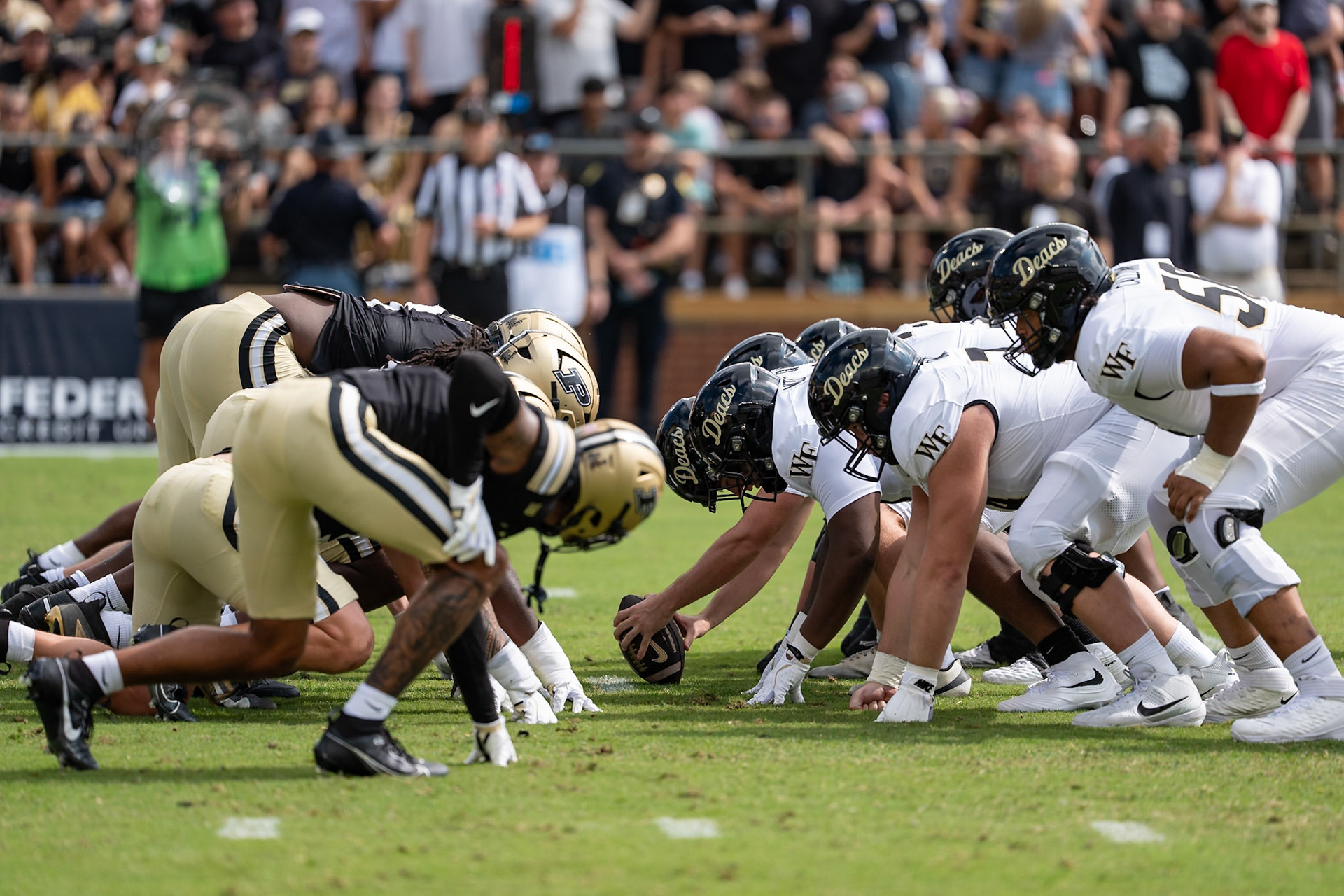 WEST LAFAYETTE, IN - SEPTEMBER 12, 2026: Purdue’s defensive line prepares to try and block an extra point attempt before the Wake Forest snap during the Purdue Boilermaker Football game vs the Wake Forest Demon Deacons at Ross-Ade Stadium(Photo by Steve Bowen / Northern Indiana Sports Report)