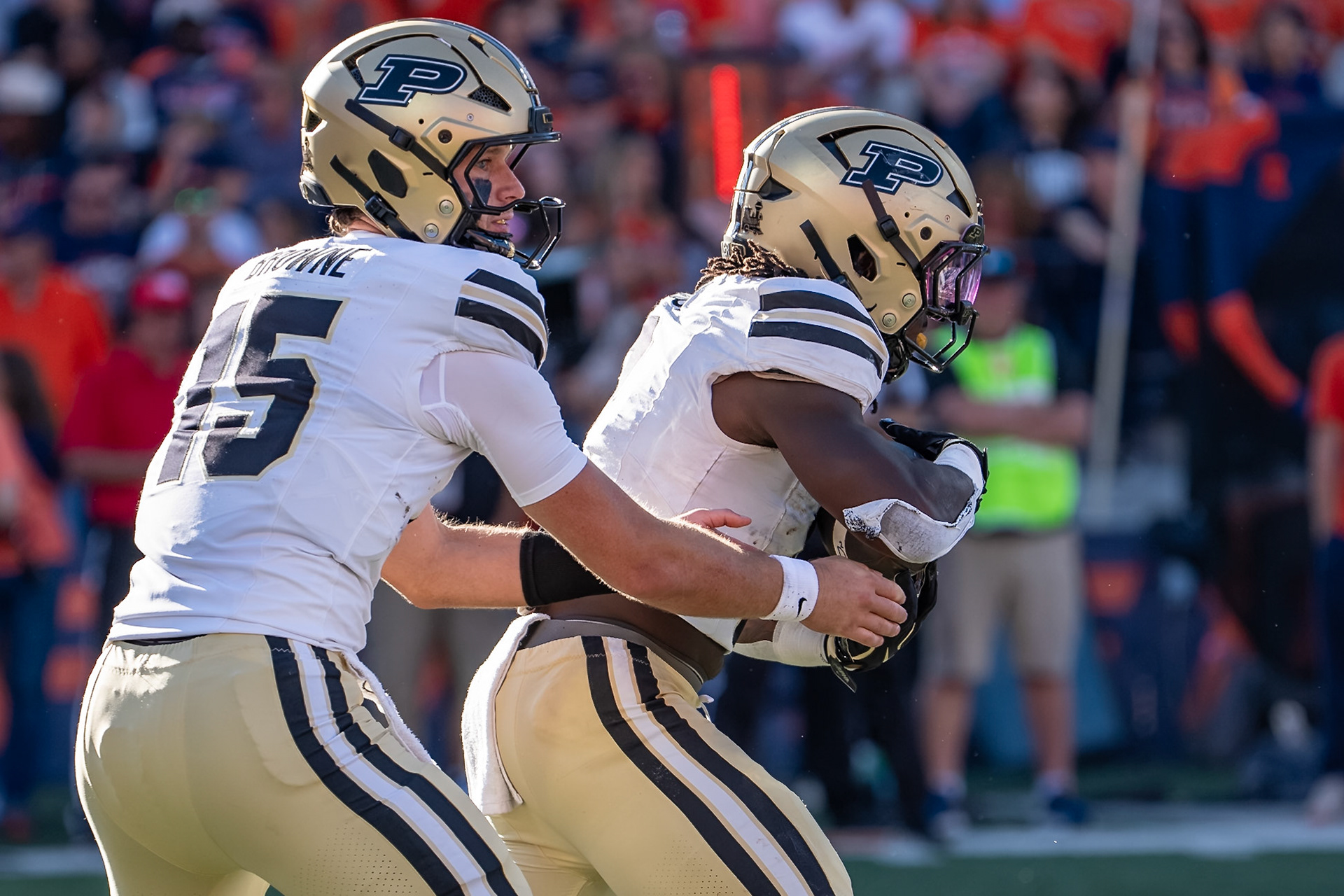 CHAMPAIGN, IL - OCTOBER 3, 2026: Purdue University Quarterback Ryan Browne (15), Purdue University Sophomore Running Back Fame Ijeboi (2) during the Purdue Boilermakers at Illinois Fighting Illini football game at Gies Memorial Stadium(Photo by Steve Bowen / Northern Indiana Sports Report)