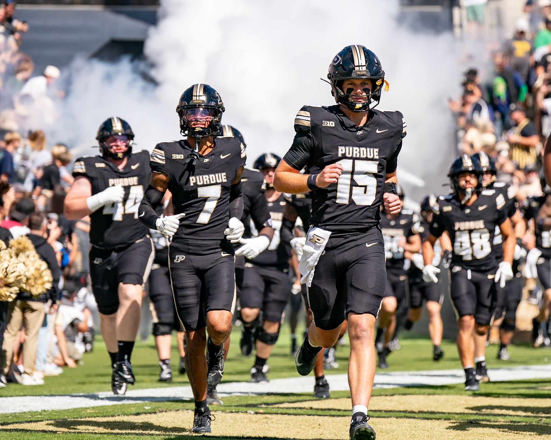 WEST LAFAYETTE, IN - SEPTEMBER 26, 2026: Purdue University Quarterback Ryan Browne (15), Purdue University Senior Defensive Back Donovan Saunders (7) during the Purdue Boilermakers vs Notre Dame Fighting Irish football game at Ross-Ade Stadium(Photo by Steve Bowen / Northern Indiana Sports Report)