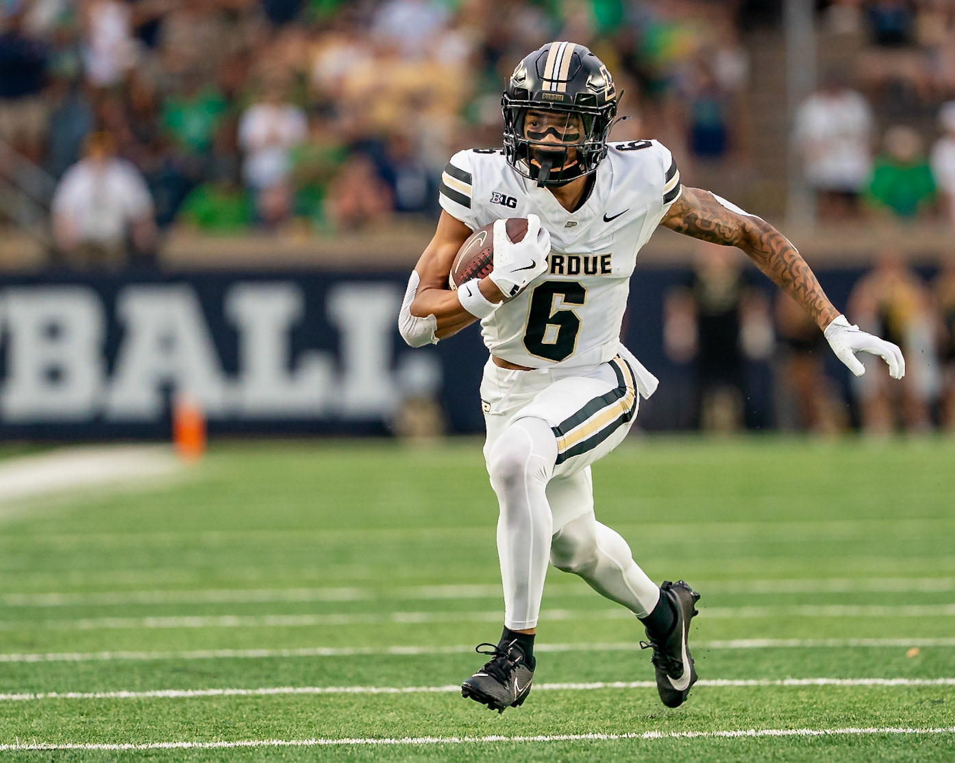 SOUTH BEND, IN - SEPTEMBER 20, 2025: Purdue University Sophomore Wide Receiver Arhmad Branch (6) runs toward the end zone after catching a pass during the  Purdue Boilermakers at Notre Dame Fighting Irish Football at Notre Dame Stadium(Photo by Steve Bowen / Northern Indiana Sports Report)