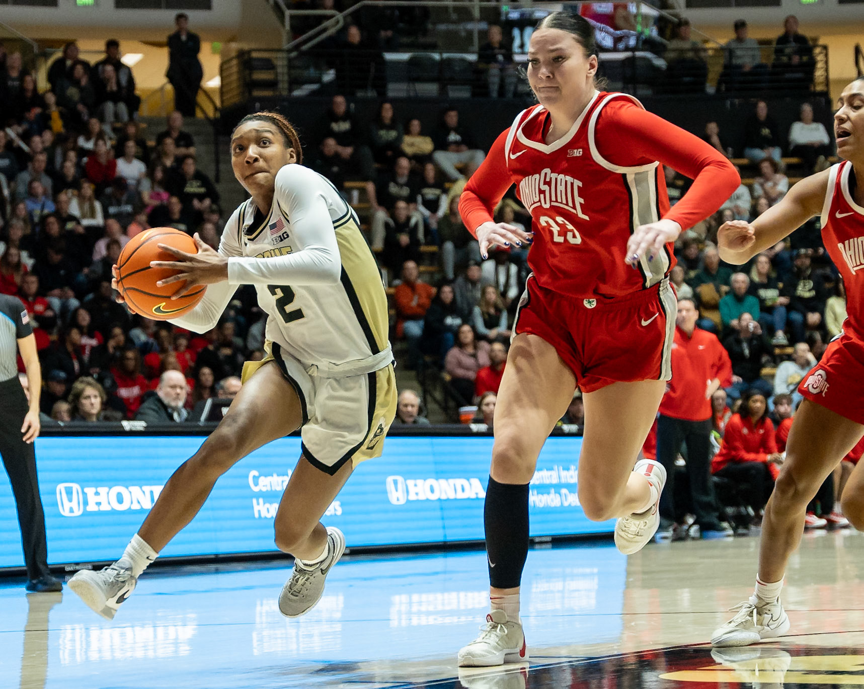 WEST LAFAYETTE, IN - JANUARY 28, 2024: Purdue Freshman Guard Rashunda Jones (2), Ohio State Forward Graduate Rebeka Mikulášiková (23) competing in Purdue Boilermaker Women's Basketball versus the Ohio State Buckeyes at Mackey Arena(Photo by Steve Bowen / Bowen Arrow Photography / Northern Indiana Sports Report)