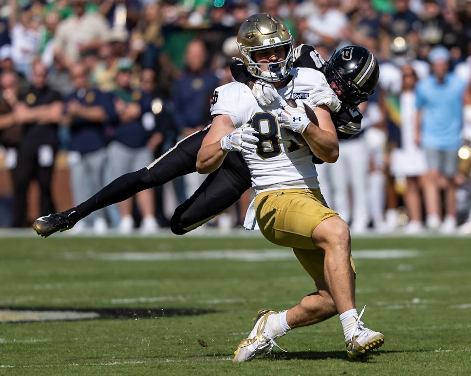 WEST LAFAYETTE, IN - SEPTEMBER 26, 2026: Notre Dame University Senior TE Cooper Flanagan (87), Purdue University Sophomore Defensive Back Dee Newsome (29) during the Purdue Boilermakers vs Notre Dame Fighting Irish football game at Ross-Ade Stadium(Photo by Steve Bowen / Northern Indiana Sports Report)