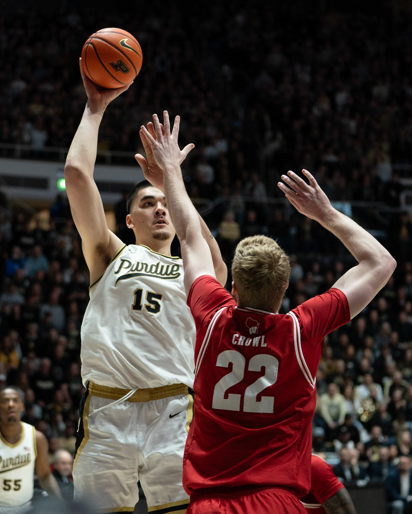 WEST LAFAYETTE, IN - MARCH 10, 2024: Purdue Senior Center Zach Edey (15) competing in Purdue University Boilermaker Basketball vs University of Wisconsin Badgers at Mackey Arena(Photo by Steve Bowen / Bowen Arrow Photography / Northern Indiana Sports Report)