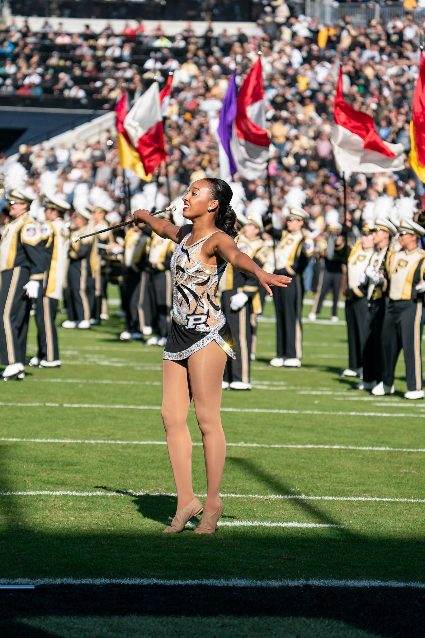 WEST LAFAYETTE, IN - NOVEMBER 2, 2024: Purdue University Purdue Twirling during the Purdue University Boilermakers vs Northwestern University Wildcats Football game at Ross-Ade Stadium(Photo by Steve Bowen / Bowen Arrow Photography / Northern Indiana Sports Report)