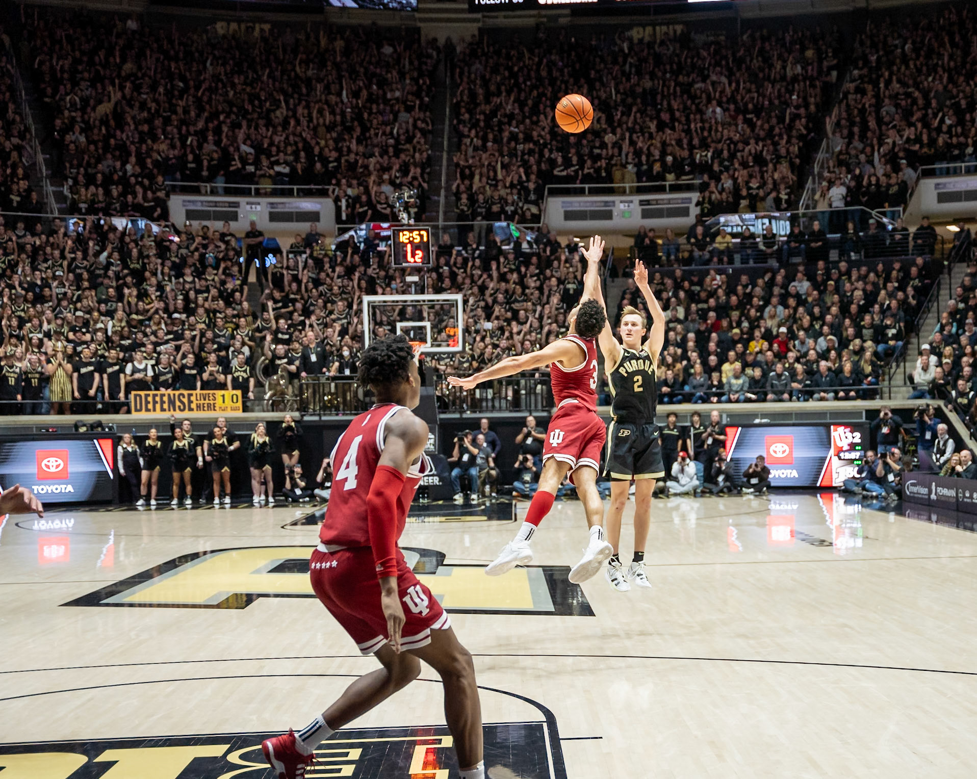 WEST LAFAYETTE, IN - FEBRUARY 10, 2024: Purdue Sophomore Guard Fletcher Loyer (2), Indiana Senior Guard Anthony Leal (3) in Purdue Boilermaker vs Indiana Hoosiers Basketball at Mackey Arena(Photo by Steve Bowen / Bowen Arrow Photography / Northern Indiana Sports Report)