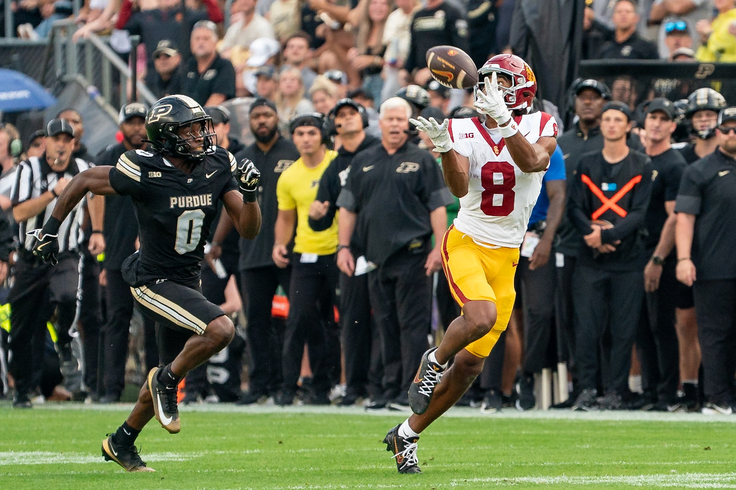 WEST LAFAYETTE, IN - SEPTEMBER 13, 2025: USC Junior WR Ja'Kobi Lane (8), Purdue University Senior Defensive Back Tony Grimes (0) in Purdue Boilermaker Football vs University of Southern California Trojans at Ross-Ade Stadium(Photo by Steve Bowen / Northern Indiana Sports Report)
