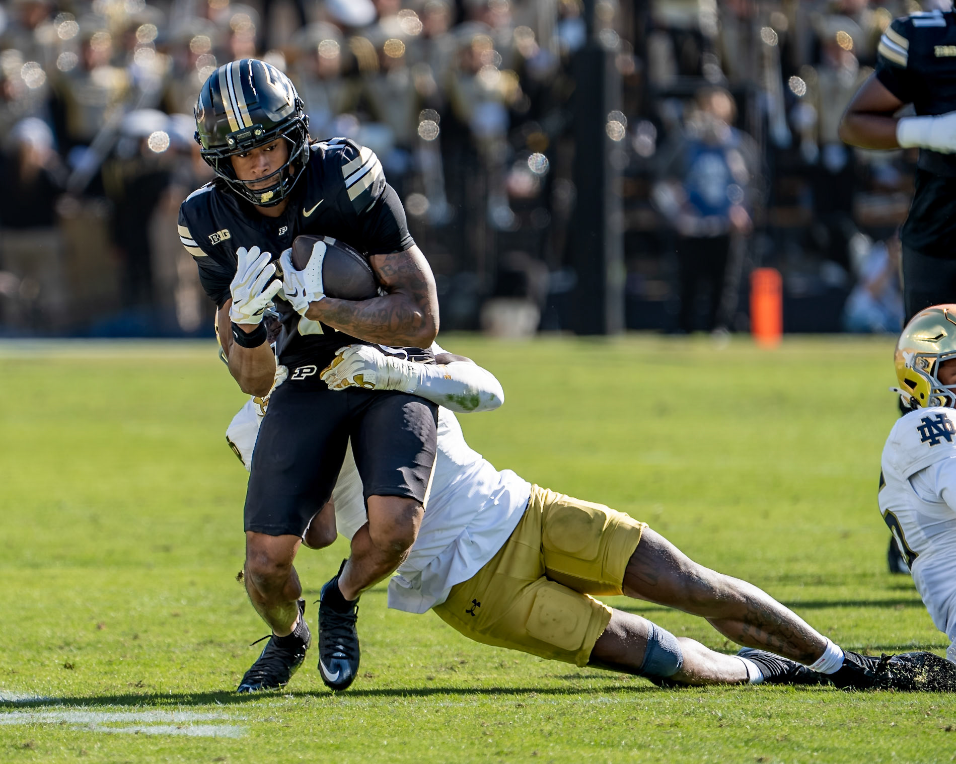 WEST LAFAYETTE, IN - SEPTEMBER 26, 2026: Purdue University Wide Receiver Tra'Mar Harris (11), Notre Dame University Fifth Year LB Jaylen Sneed (3) during the Purdue Boilermakers vs Notre Dame Fighting Irish football game at Ross-Ade Stadium(Photo by Steve Bowen / Northern Indiana Sports Report)