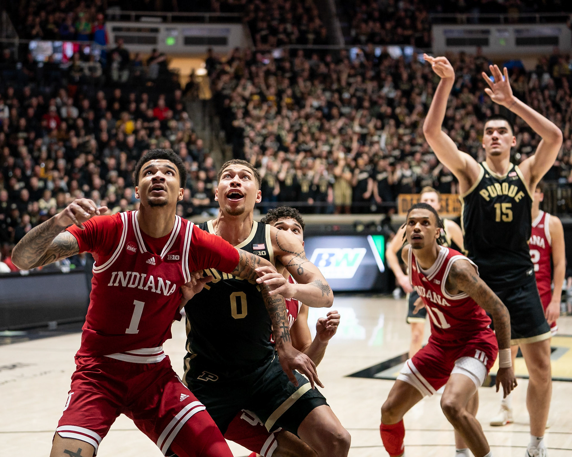 WEST LAFAYETTE, IN - FEBRUARY 10, 2024: Indiana Sophomore Center Kel'el Ware (1), Purdue Senior Forward Mason Gillis (0) in Purdue Boilermaker vs Indiana Hoosiers Basketball at Mackey Arena(Photo by Steve Bowen / Bowen Arrow Photography / Northern Indiana Sports Report)