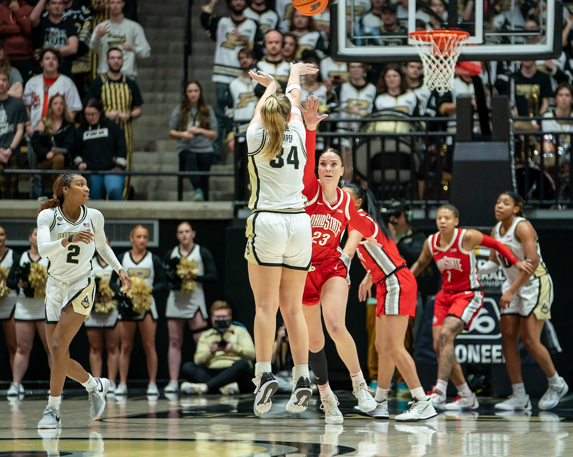 WEST LAFAYETTE, IN - JANUARY 28, 2024: Purdue 6th Year Forward Caitlyn Harper (34), Ohio State Forward Graduate Rebeka Mikulášiková (23) competing in Purdue Boilermaker Women's Basketball versus the Ohio State Buckeyes at Mackey Arena(Photo by Steve Bowen / Bowen Arrow Photography / Northern Indiana Sports Report)
