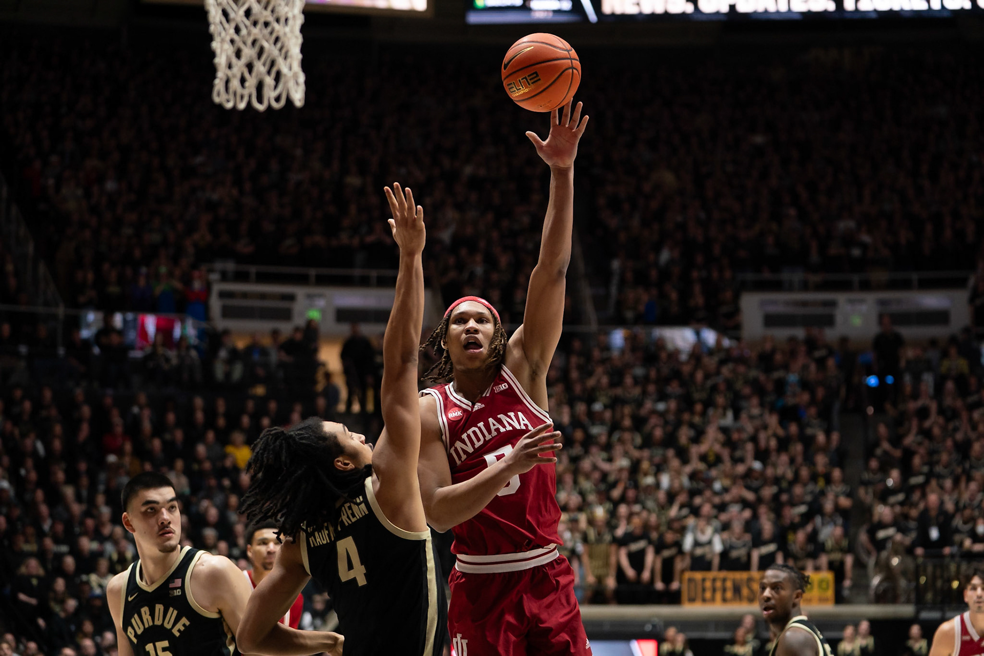 WEST LAFAYETTE, IN - FEBRUARY 10, 2024: Indiana Sophomore Forward Malik Reneau (5), Purdue Sophomore Forward Trey Kaufman-Renn (4) in Purdue Boilermaker vs Indiana Hoosiers Basketball at Mackey Arena(Photo by Steve Bowen / Bowen Arrow Photography / Northern Indiana Sports Report)