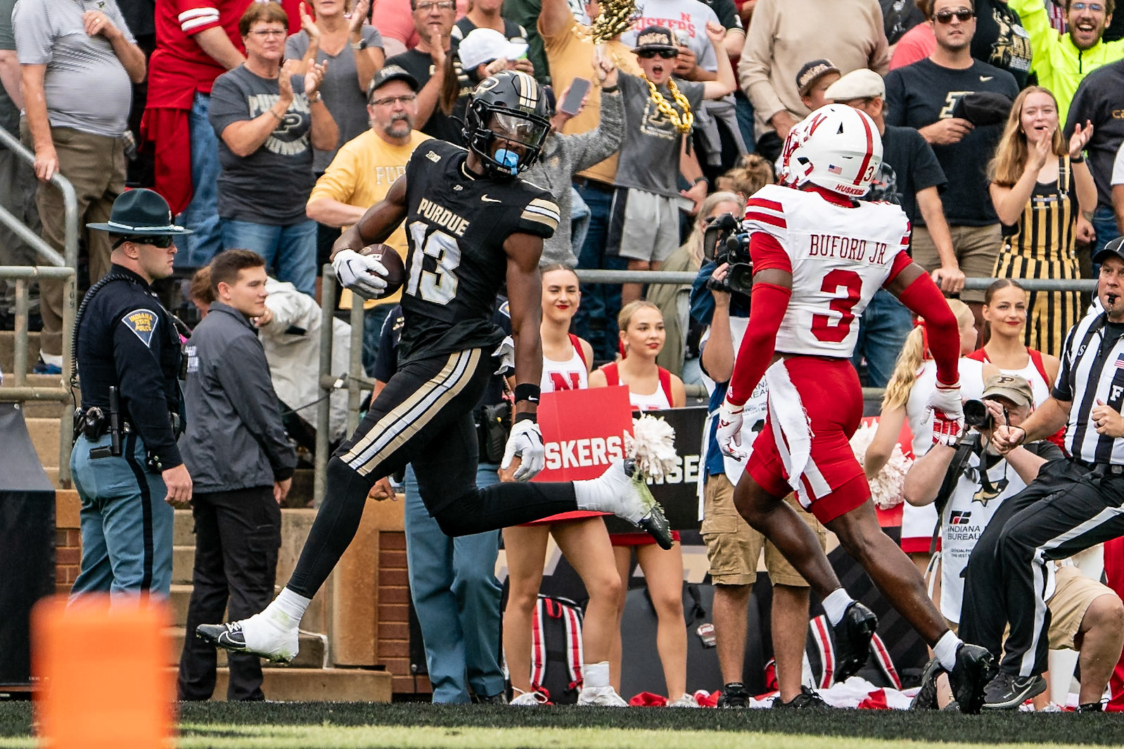 WEST LAFAYETTE, IN - SEPTEMBER 28, 2024: Purdue University Sophomore Wide Receiver Jaron Tibbs (13), Nebraska University Junior Defensive Back Marques Buford Jr. (3) during the Purdue University Boilermakers vs Nebraska University Cornhuskers Football game at Ross-Ade Stadium(Photo by Steve Bowen / Bowen Arrow Photography / Northern Indiana Sports Report)