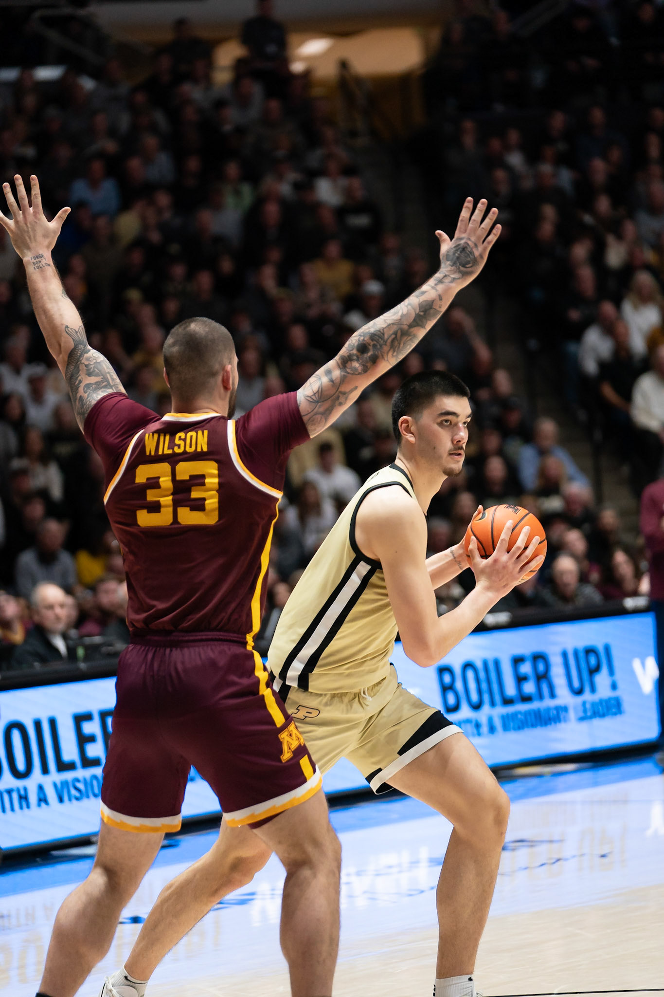 WEST LAFAYETTE, IN - FEBRUARY 15, 2024: Purdue Senior Center Zach Edey (15), Minnesota Graduate Center Jack Wilson (33) in Purdue Boilermakers Men's Basketball vs the Minnesota Golden Gophers at Mackey Arena(Photo by Steve Bowen / Bowen Arrow Photography / Northern Indiana Sports Report)
