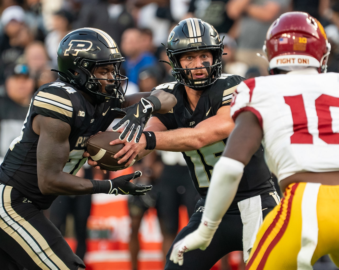 WEST LAFAYETTE, IN - SEPTEMBER 13, 2025: Purdue University Sophomore Quaterback Ryan Browne (15), Purdue University Senior Running Back Malachi Thomas (24) in Purdue Boilermaker Football vs University of Southern California Trojans at Ross-Ade Stadium(Photo by Steve Bowen / Northern Indiana Sports Report)