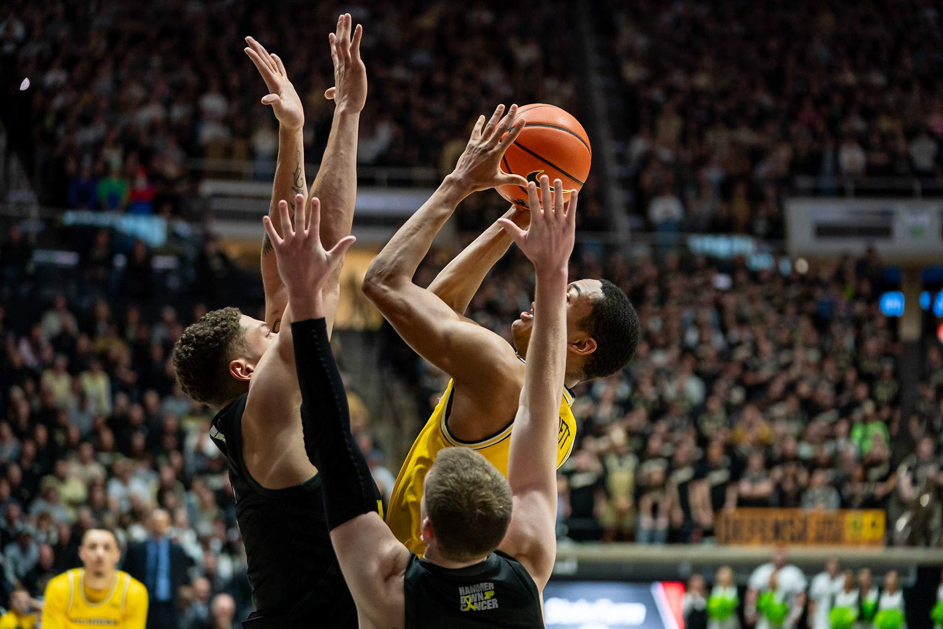 WEST LAFAYETTE, IN - JANUARY 23, 2024: Michigan Graduate Guard Nimari Burnett (4), Purdue Senior Forward Mason Gillis (0), Purdue Sophomore Guard Braden Smith (3) competing in Purdue versus Michigan Mens Basketball at Mackey Arena(Photo by Steve Bowen / Bowen Arrow Photography / Northern Indiana Sports Report)