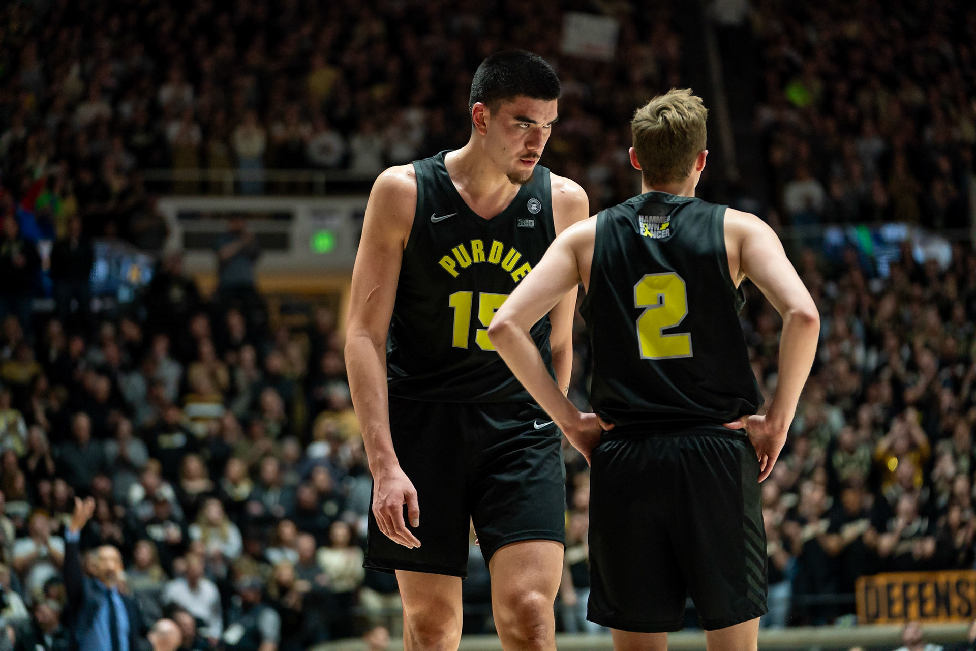 WEST LAFAYETTE, IN - JANUARY 23, 2024: Purdue Senior Center Zach Edey (15), Purdue Sophomore Guard Fletcher Loyer (2) competing in Purdue versus Michigan Mens Basketball at Mackey Arena(Photo by Steve Bowen / Bowen Arrow Photography / Northern Indiana Sports Report)