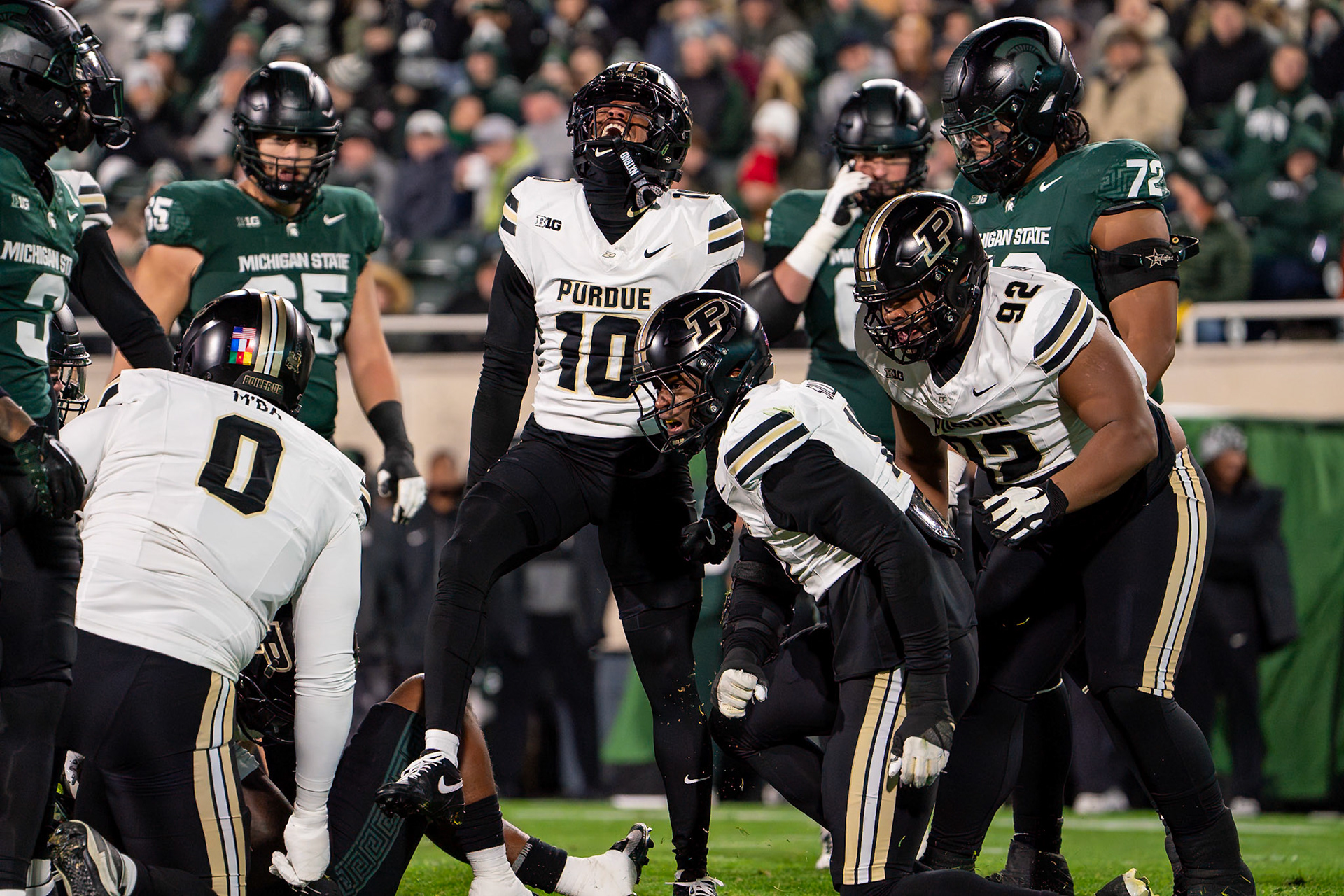 EAST LANSING, MI - NOVEMBER 22, 2024: Purdue University Junior Defensive Back Kyndrich Breedlove (10) in Purdue University Boilermakers at Michigan State University Spartans Football game at Spartan Stadium(Photo by Steve Bowen / Bowen Arrow Photography / Northern Indiana Sports Report)