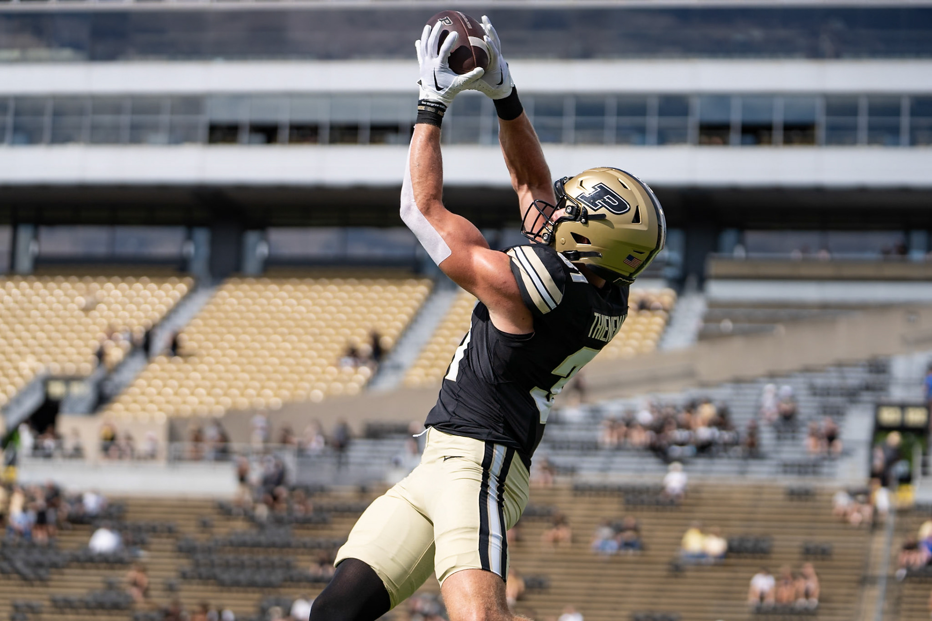 WEST LAFAYETTE, IN - AUGUST 31, 2024: Purdue So. DB Dillon Thieneman (31) catches a pass in pre-game warm-ups in Purdue Boilermaker Football vs Indiana State Sycamores at Ross-Ade Stadium(Photo by Steve Bowen / Bowen Arrow Photography / Northern Indiana Sports Report)