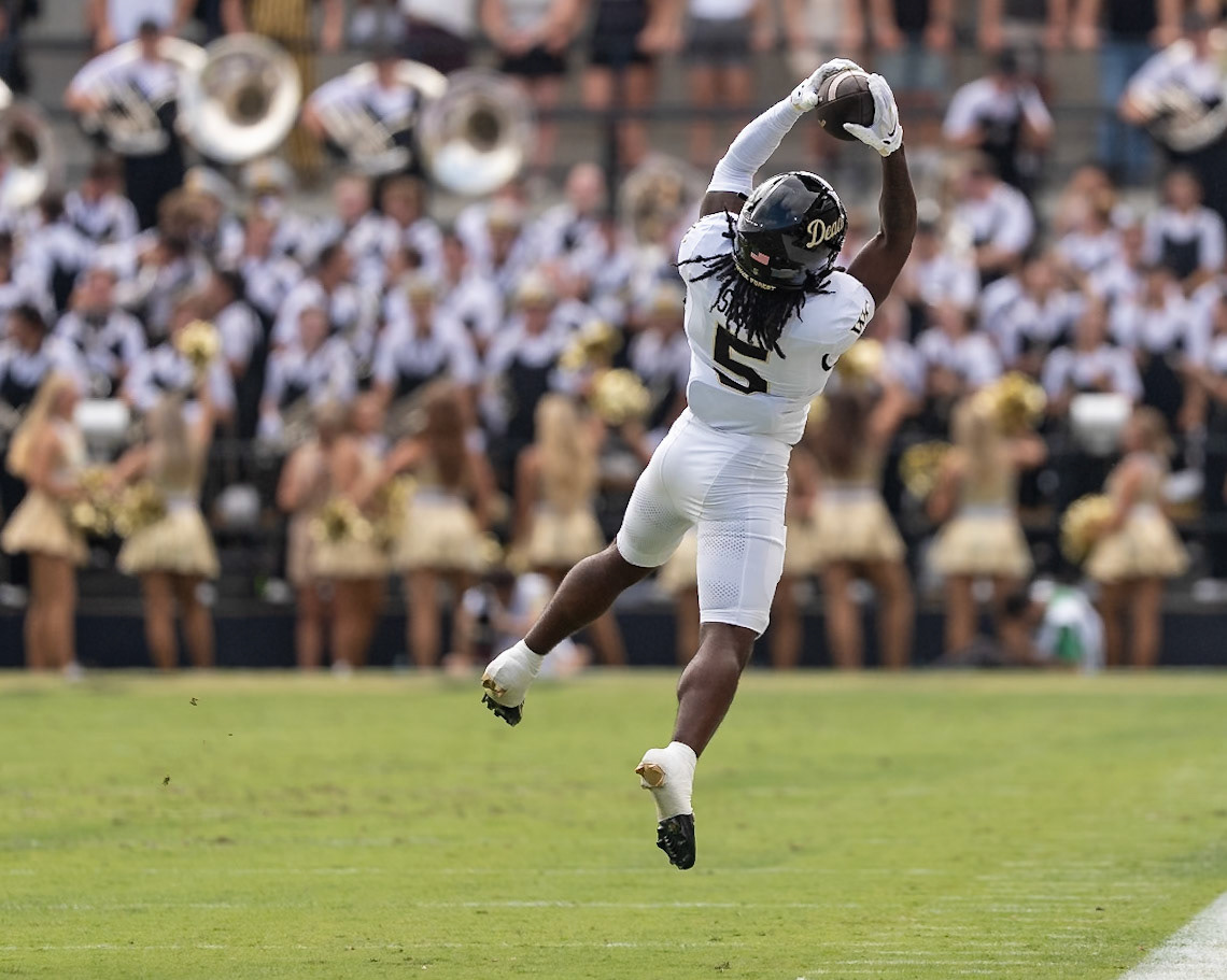 WEST LAFAYETTE, IN - SEPTEMBER 12, 2026: Wake Forest University Wide Receiver Kam Shanks (5) makes a wid open catch during the Purdue Boilermakers football game vs the Wake Forest Demon Deacons at Ross-Ade Stadium(Photo by Steve Bowen / Northern Indiana Sports Report)