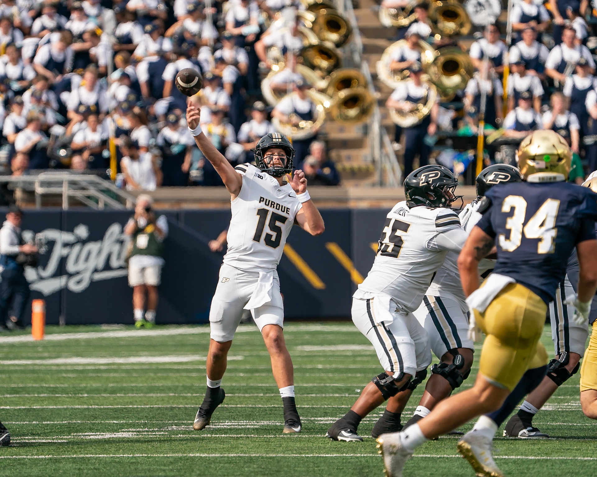 SOUTH BEND, IN - SEPTEMBER 20, 2025: Purdue University Sophomore Quarterback Ryan Browne (15) making a throw during the Purdue Boilermakers at Notre Dame Fighting Irish Football at Notre Dame Stadium(Photo by Steve Bowen / Northern Indiana Sports Report)