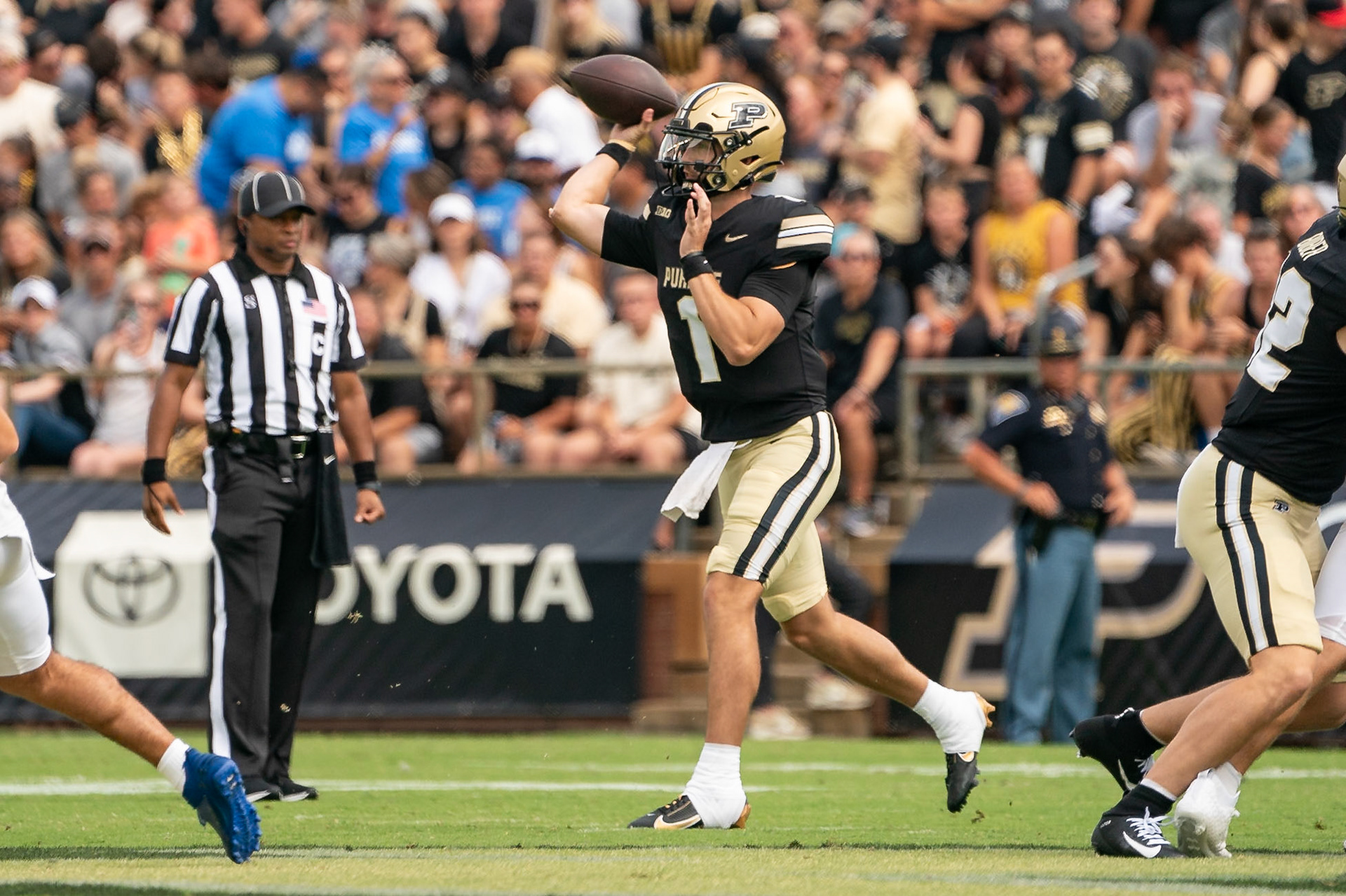 WEST LAFAYETTE, IN - AUGUST 31, 2024: Purdue Sr. QB Hudson Card (1) in Purdue Boilermaker Football vs Indiana State Sycamores at Ross-Ade Stadium(Photo by Steve Bowen / Bowen Arrow Photography / Northern Indiana Sports Report)